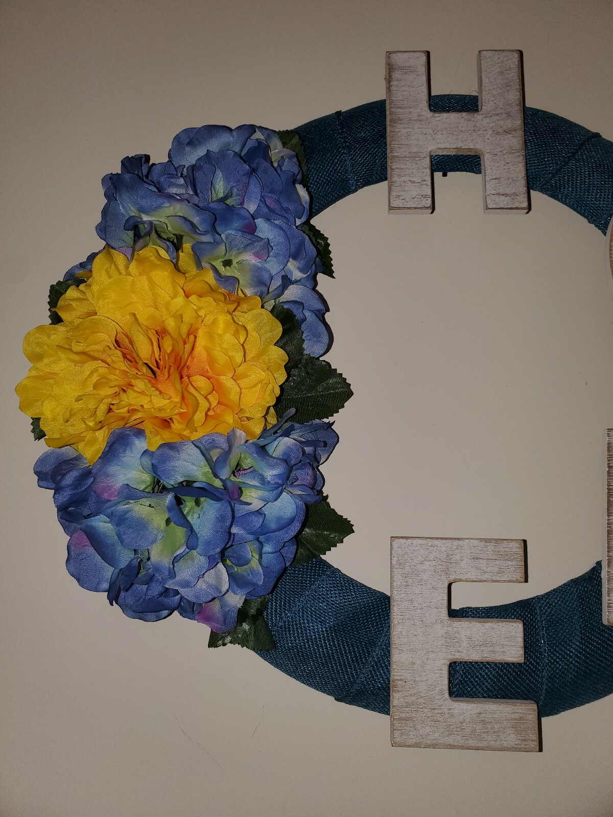 HOME blue teal FLOWERS Hydrangeas burlap WREATH FALL autumn Decor Front Door 15″