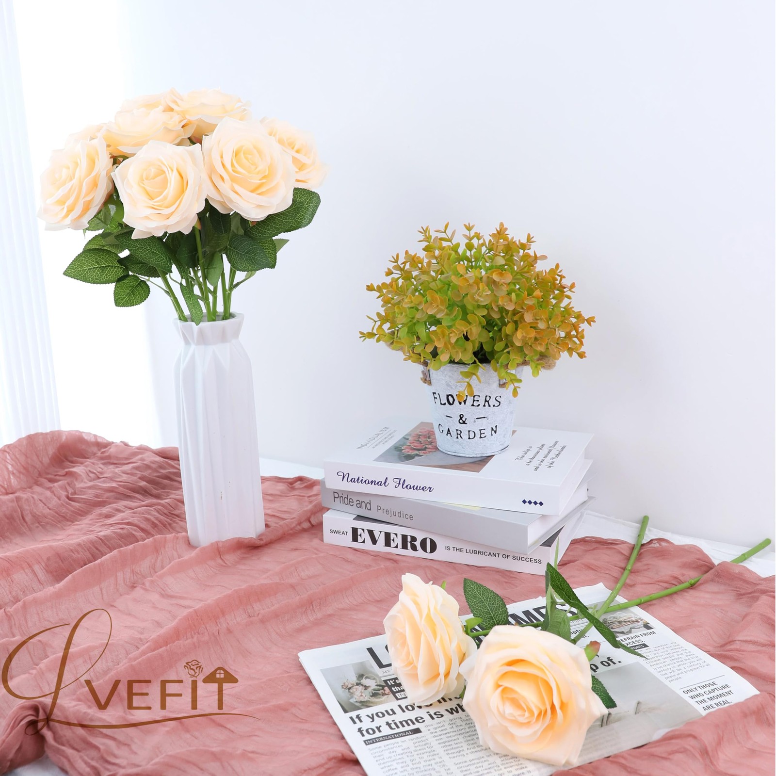12pcs Artificial Rose Flower Champagne Flower With Long Stem Silk Roses Bouquet