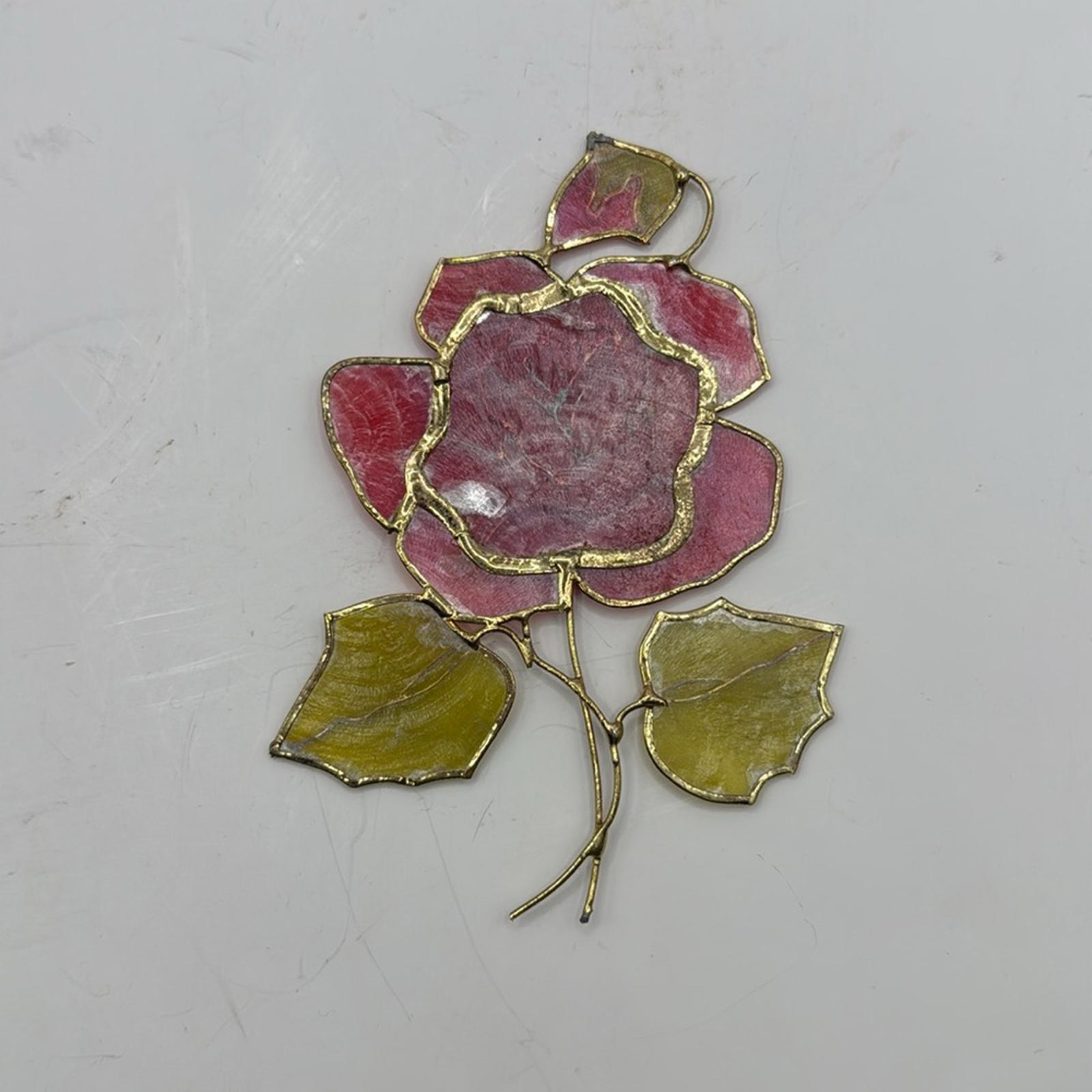 Vintage Faux Stained Glass Red Rose Flower Decor Collectible
