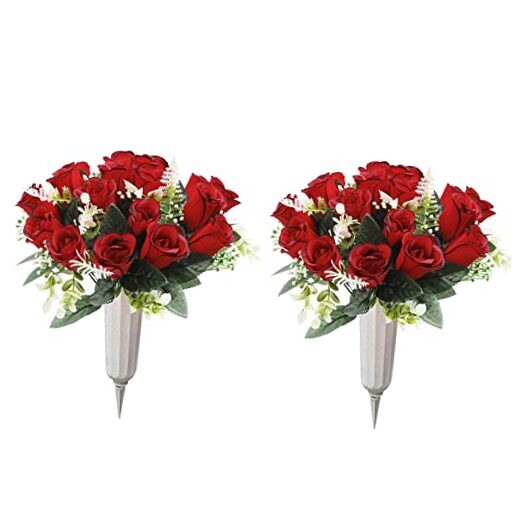 Pcs Artificial Cemetery Flowers for Grave Silk Memorial Red 2 Red and Black