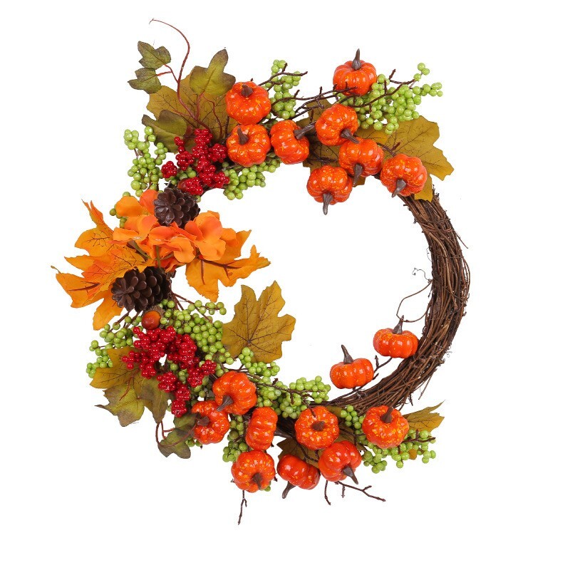Artificial Autumn Fall Wreath for Front Door or Porch, Pumpkin