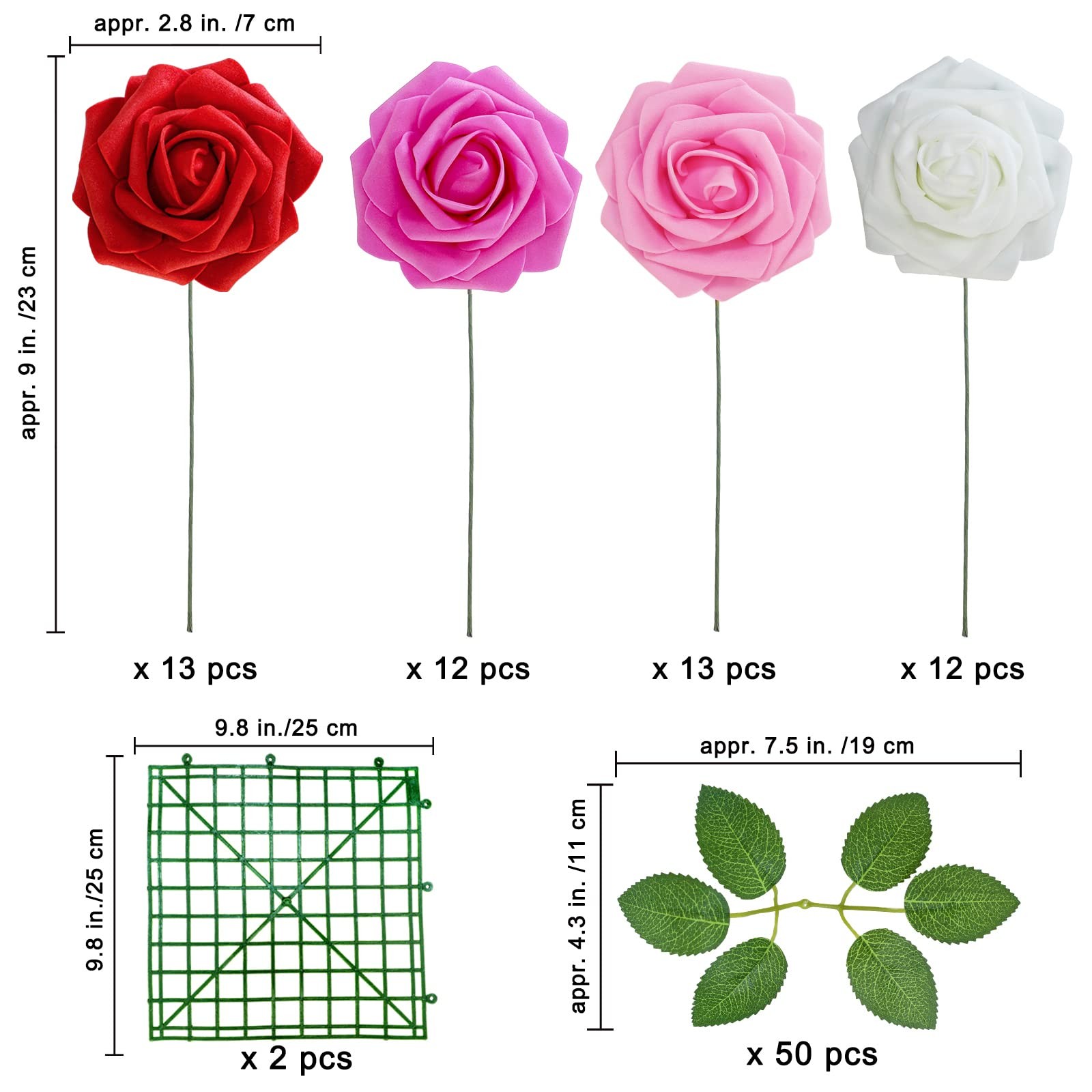 50 Pcs Real Looking Artificial Rose Flowers with Stems & Silk Leaves Bulk- Re…