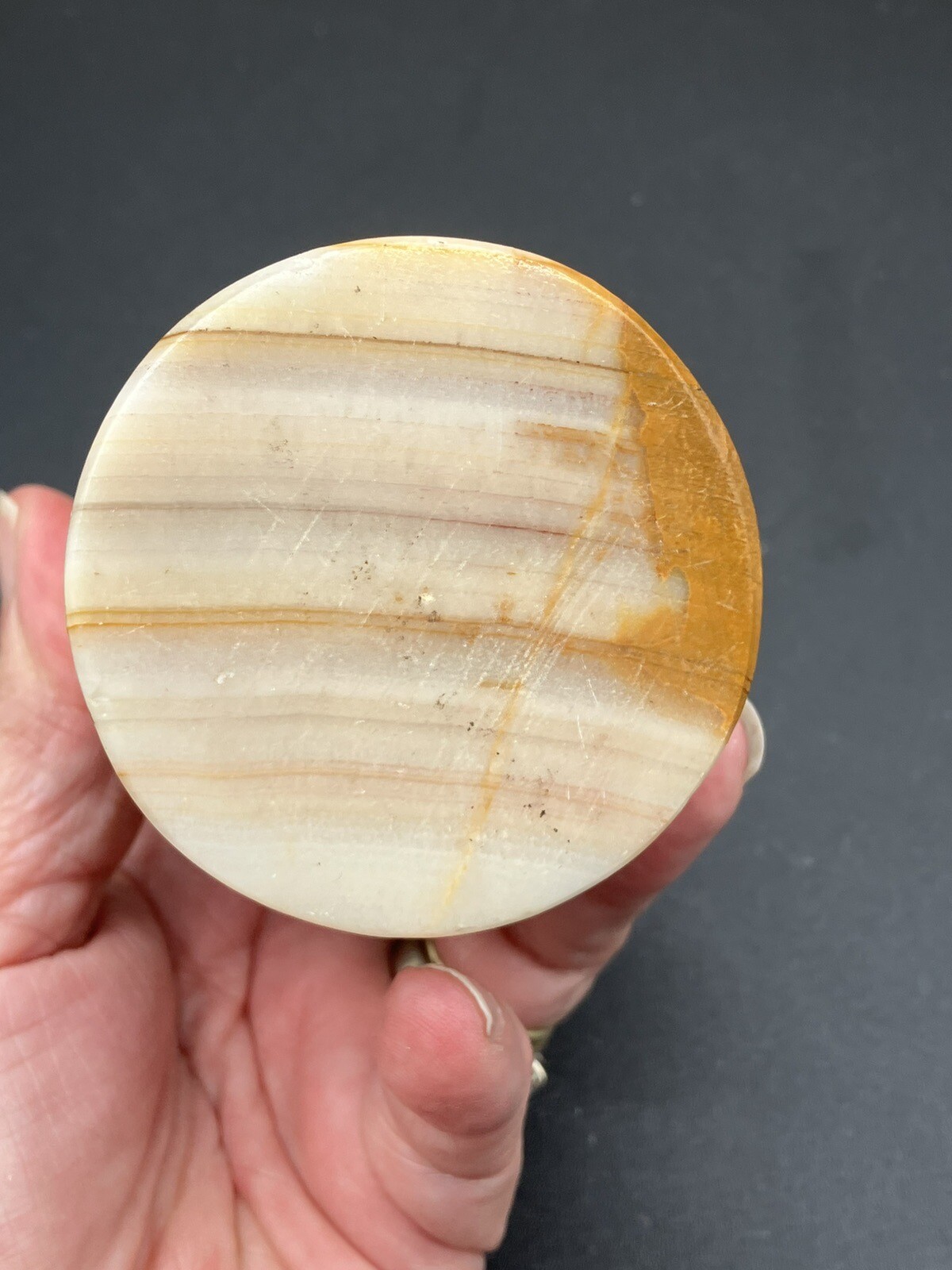 Vintage Variegated Earth Toned Onyx Marble 3.25″, 7 Hole Flower Frog Italy