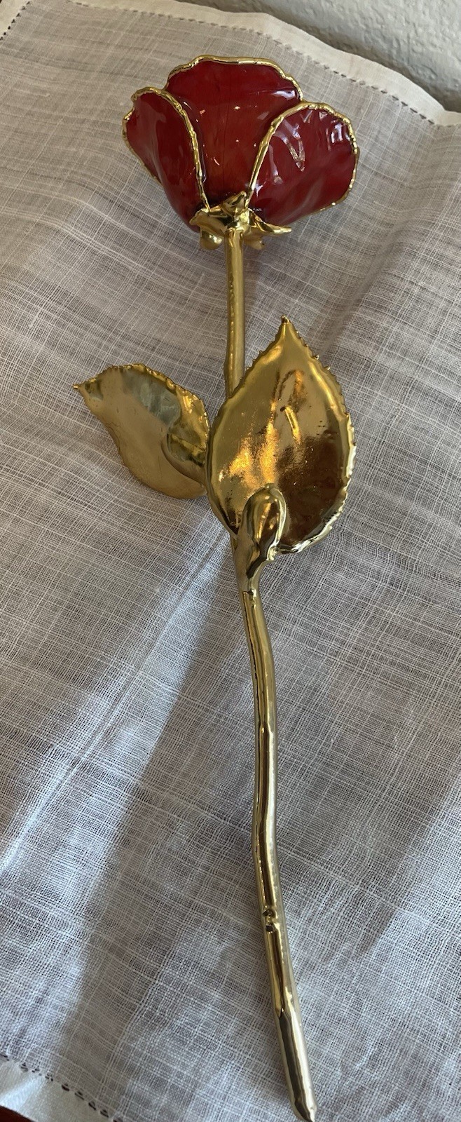 Burgundy Rose Preserved in Lacquer with 24k Gold Plating on Petals and Stem