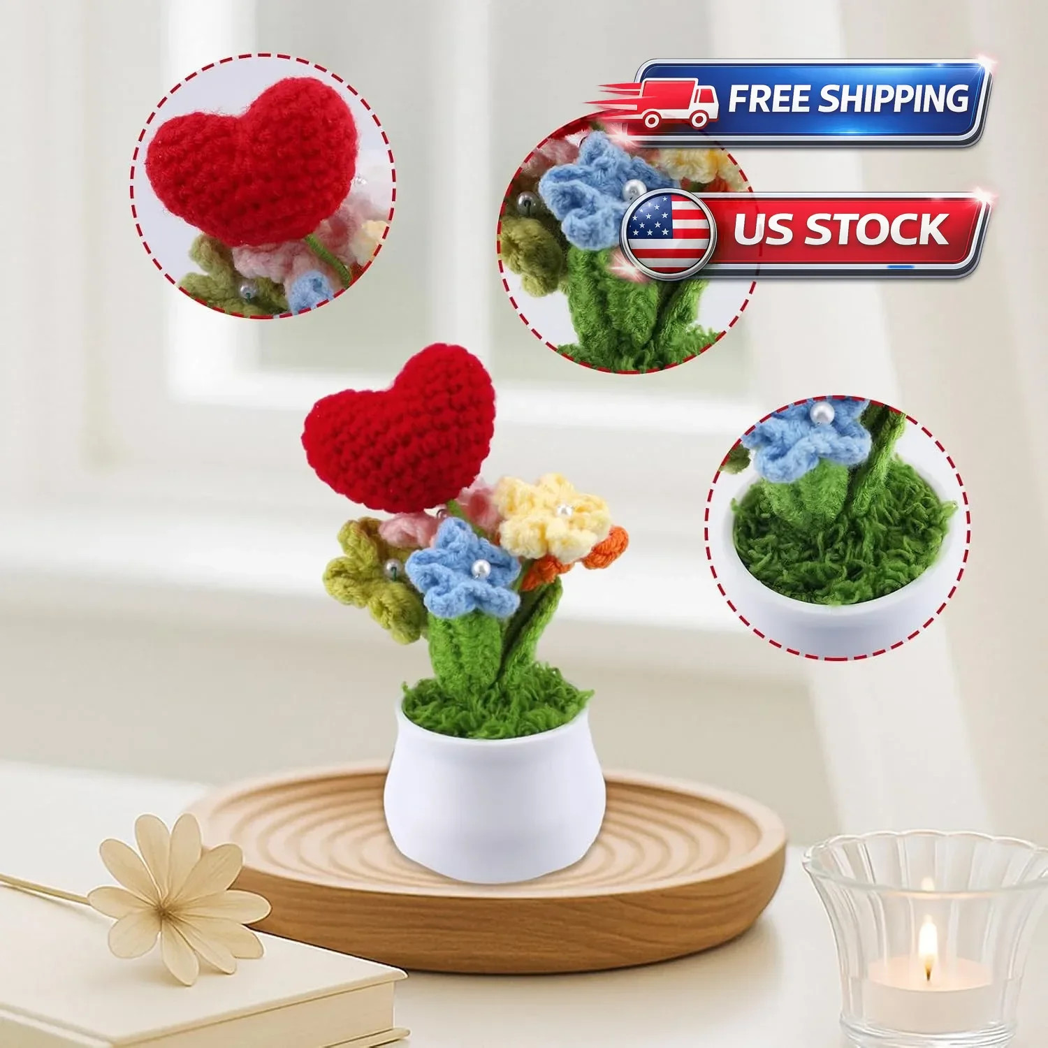 Crochet Flowers Red Roses Mini Potted, Handmade Red Rose Anniversary Appreciatio