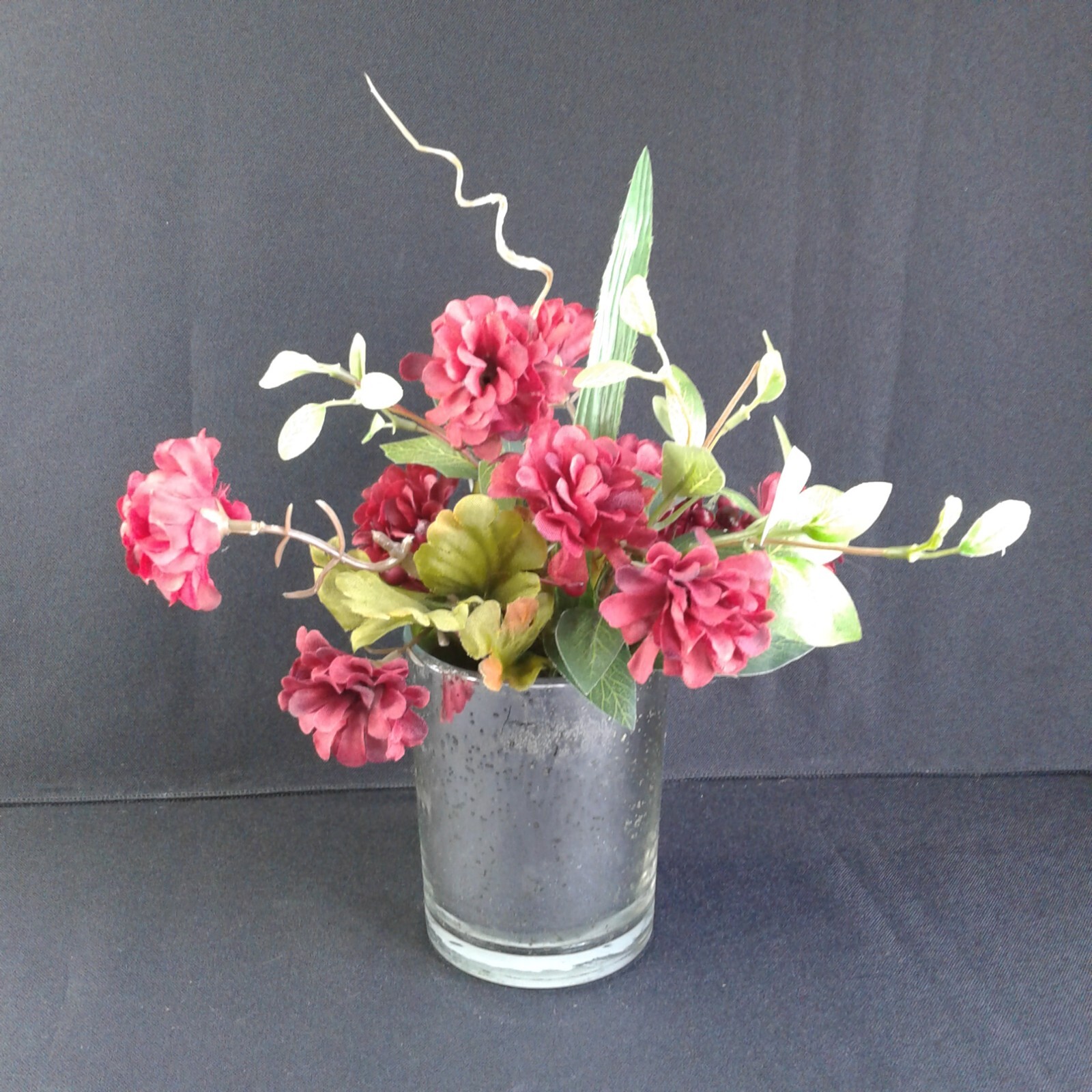 Silver speckled Vase Maroon Flower Arrangement Handmade Chic Country Rustic 1355