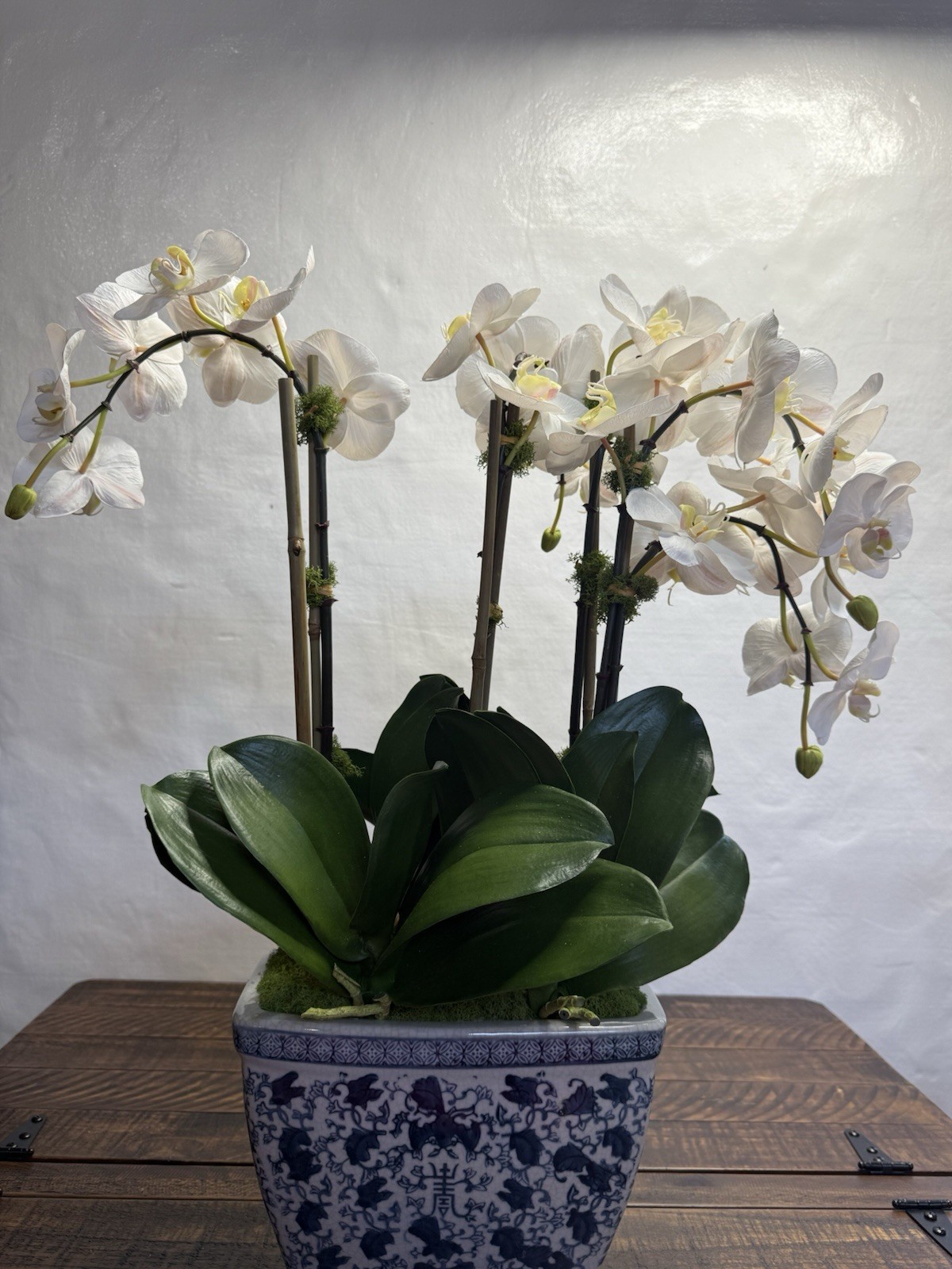 Williams Sonoma Faux Orchids in Cache Pot, 26″ New! Read