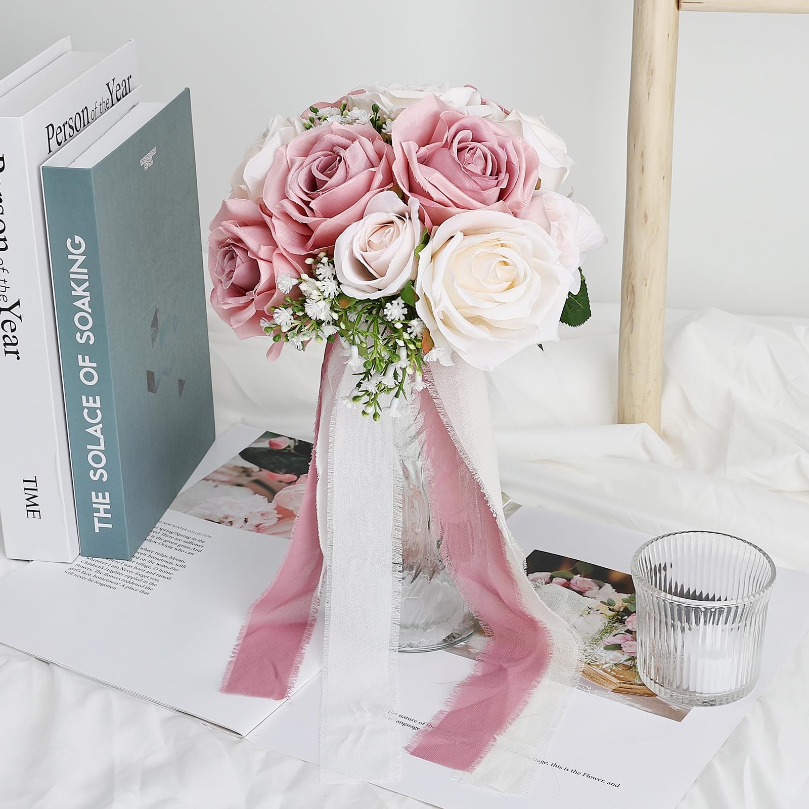 Dusty Pink White Premade Artificial Roses Wedding Bouquet Bridal Ceremony Decor