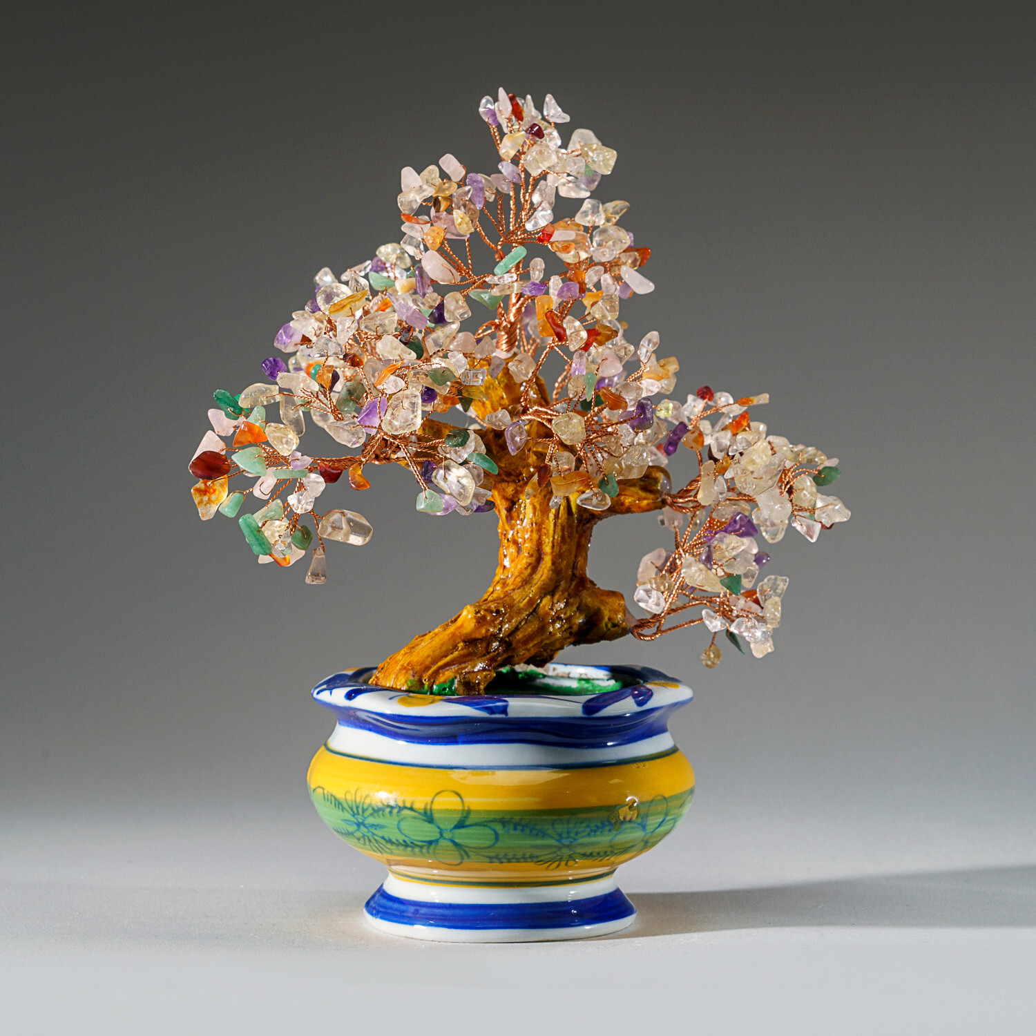 Genuine Multi Gemstone Bonsai Tree in Round Ceramic Pot (8.5”)