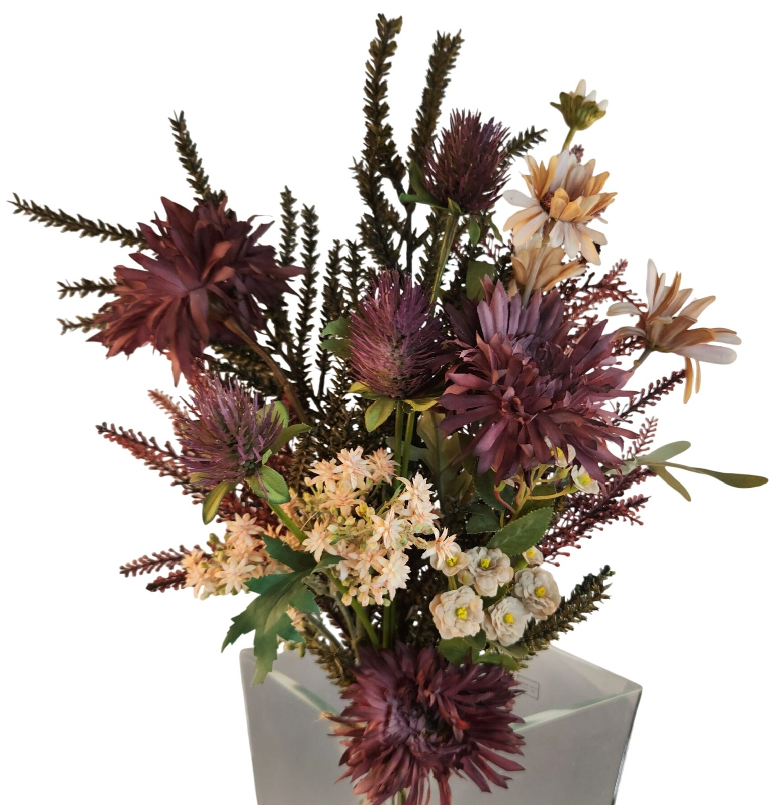 Hand Tied Artificial Flower Bouquet With Burgundy Purple Cream and Green Tones
