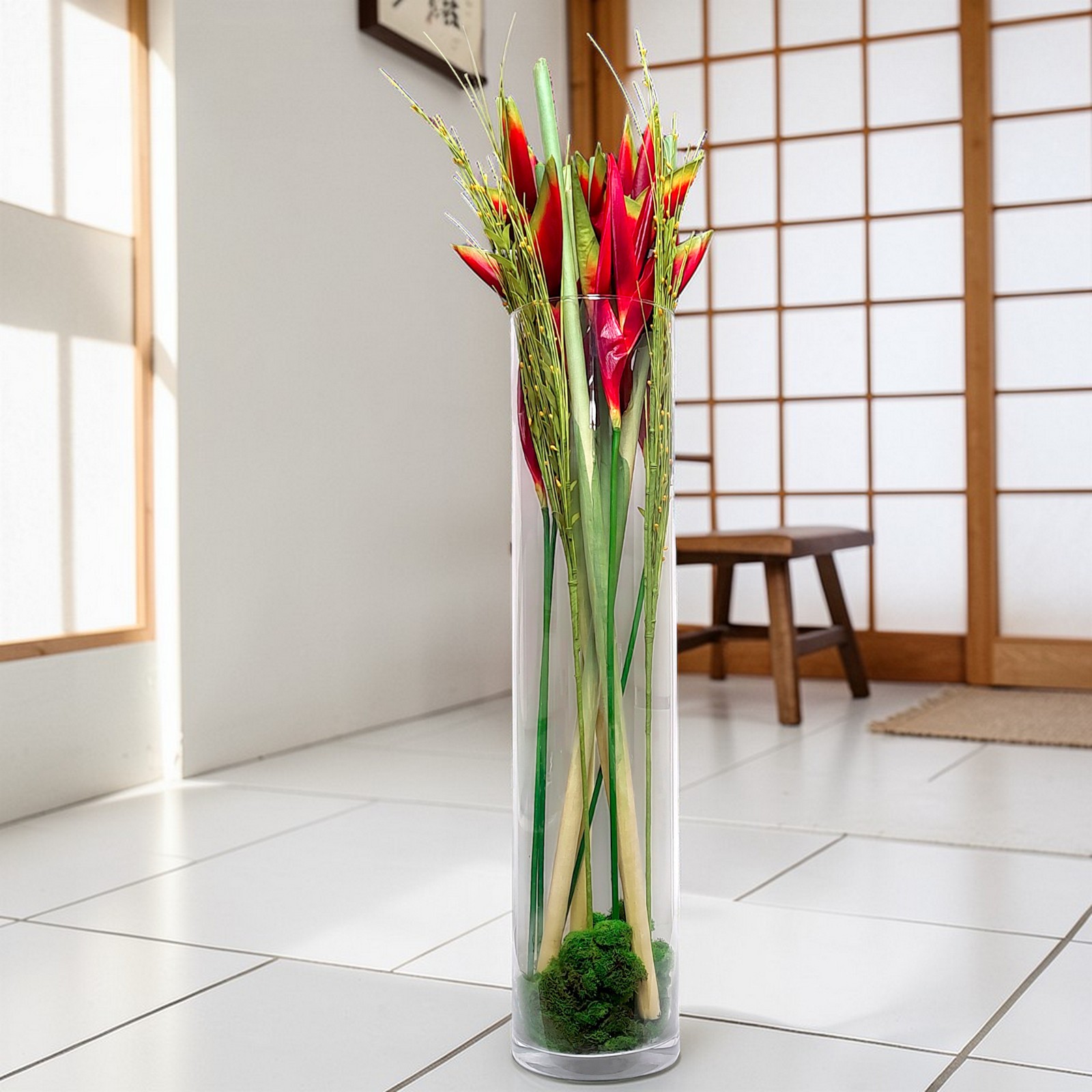 37″ Realistic Heliconia Iris Red Arrangement In Clear Glass Cylindar Floor Vase