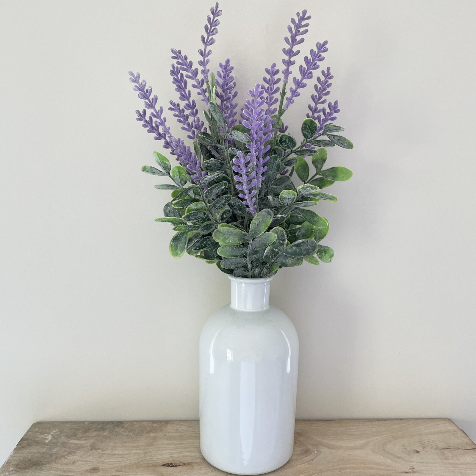 Handmade Artificial Purple Lavender Arrangement In Milk Glass Vase