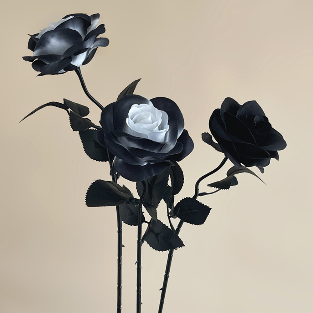 12pcs Artificial Flowers Black White Roses for Halloween Home Wedding Decor