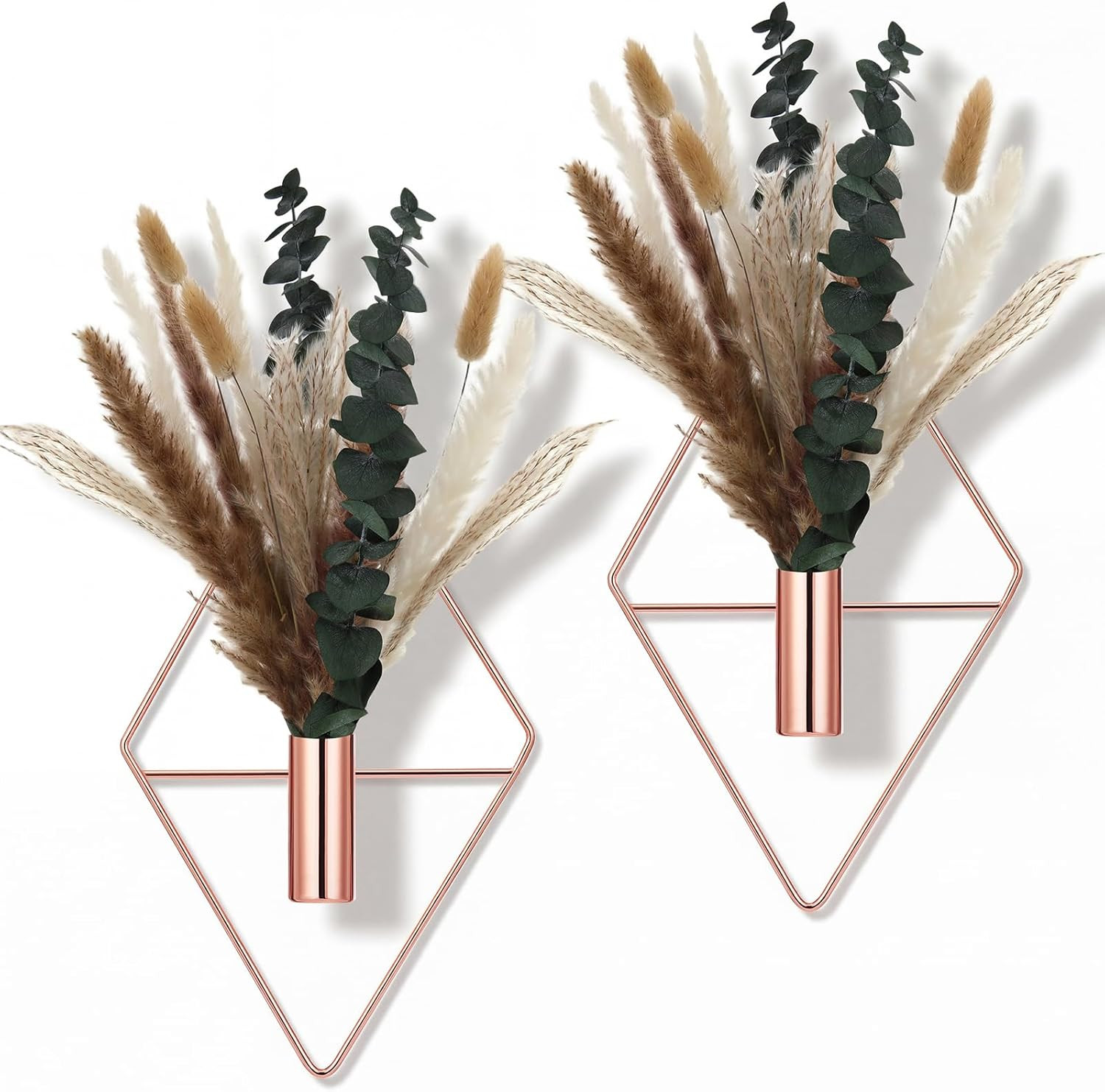 4 Pcs Hanging Planters with Artificial Pampas Rose Gold Metal Hanging Vase Indoo