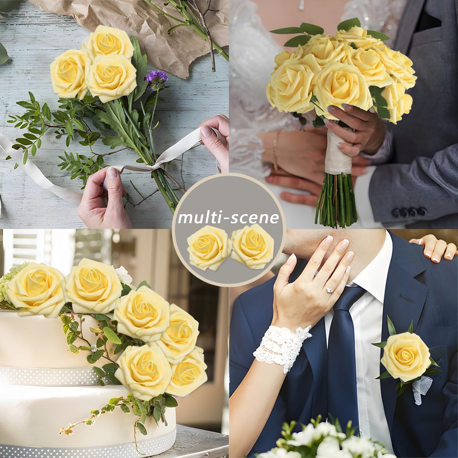 Creamy Yellow Foam Fake Roses Artificial Flowers Wedding Bridal 100 PCS