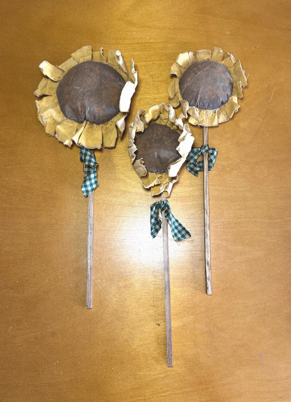 Set of 3 Primitive Handmade Fabric Sunflower Crock Pokes Fall Arrangements 17″