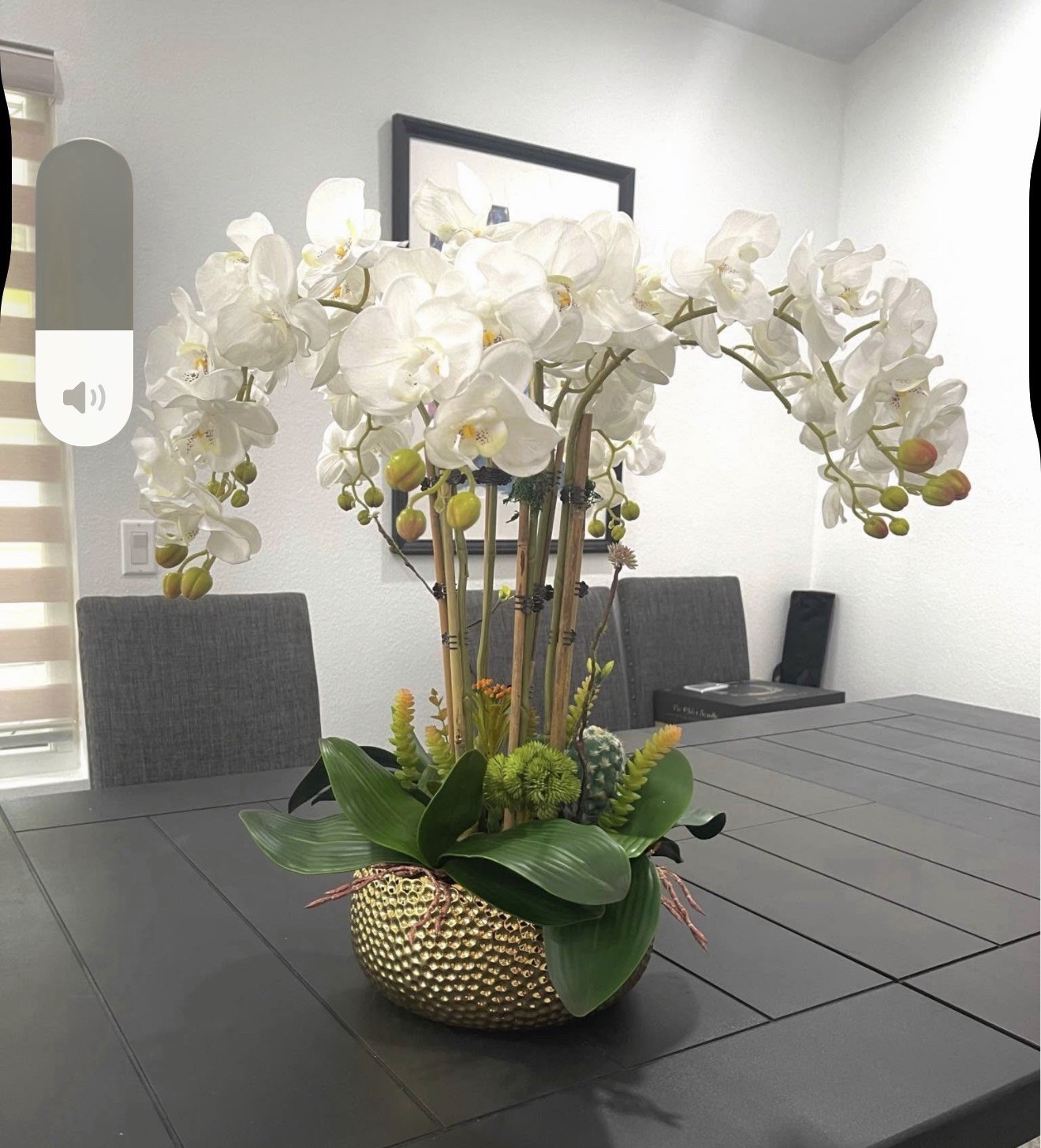 Artificial White Orchid Flower Arrangement & Centerpiece in Gold Bowl, Plastic