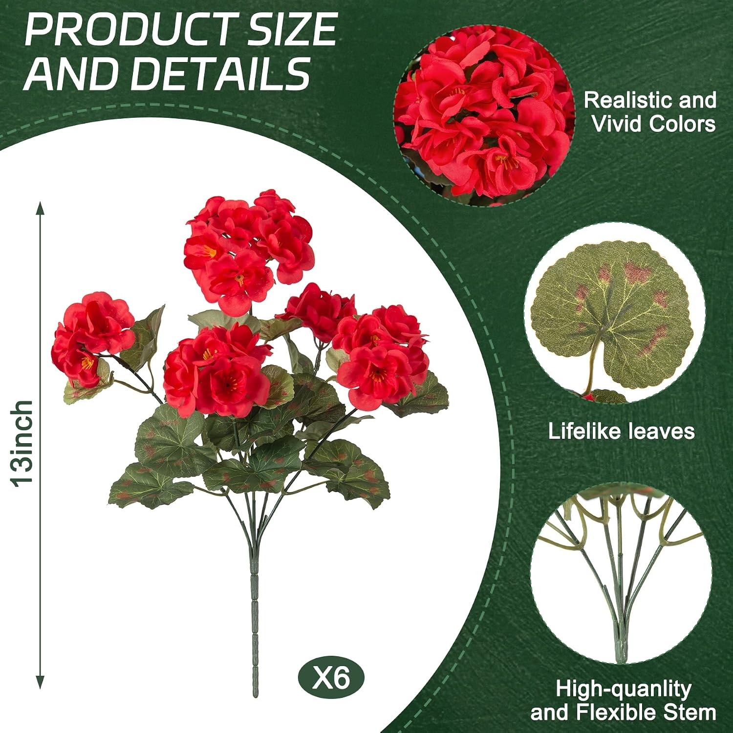 6 Pcs Silk Geraniums UV Resistant, Outdoor Faux Flowers for Planter US