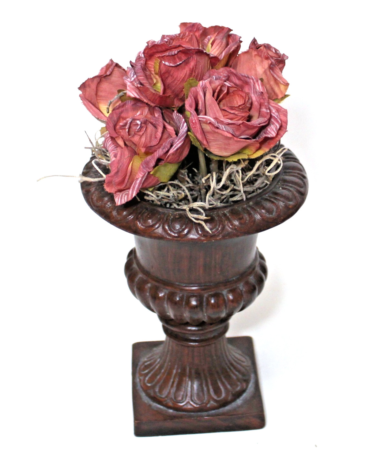 Vintage Urn Planter Brown Vase with Pink Roses Flower Arrangement