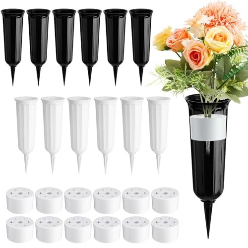 Cemetery Grave Flower Vases W/ Spikes Floral Holder PP Plastic Black White 12Pc