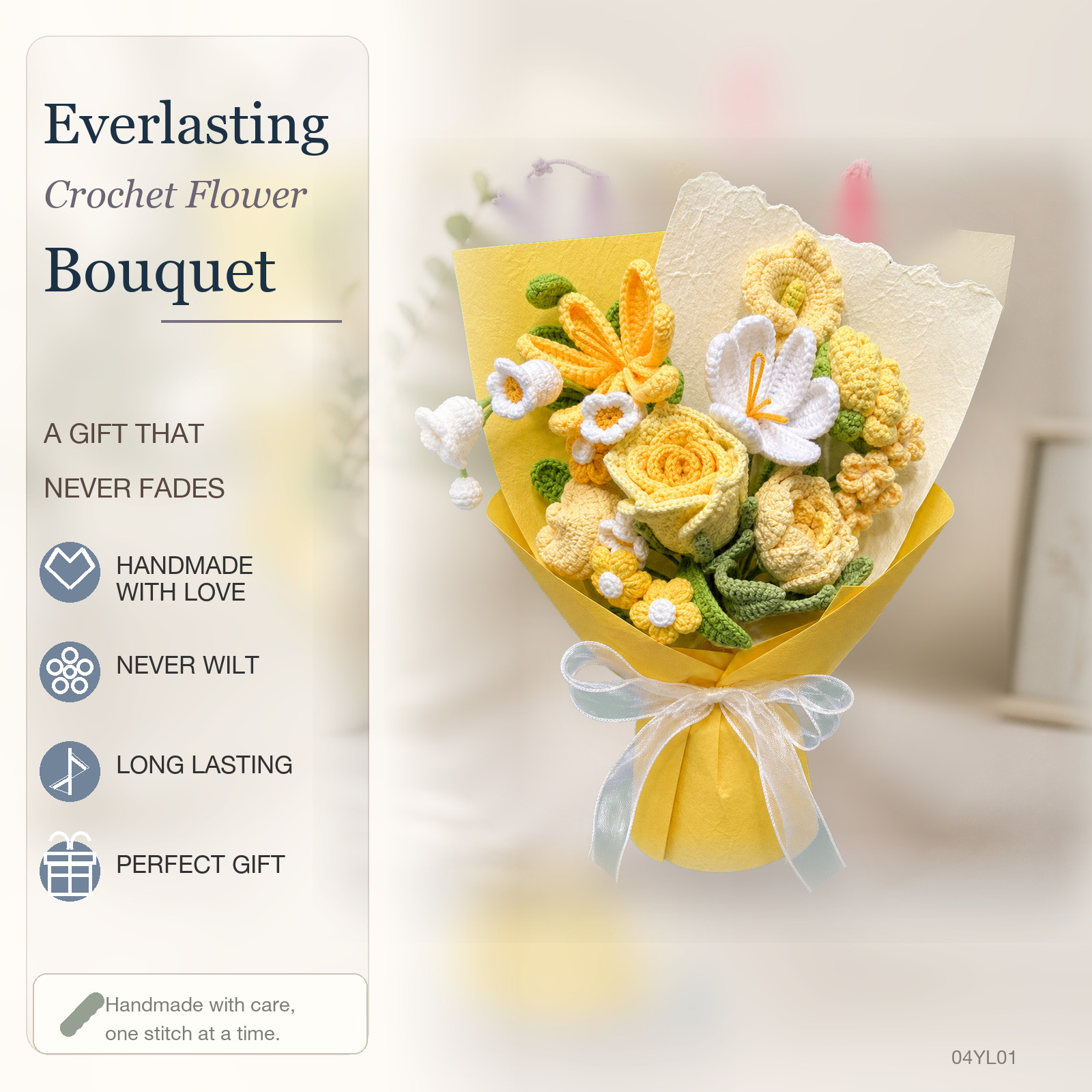 Yellow Rose Daisy Crochet Bouquet Get Well Birthday Thank You Gift