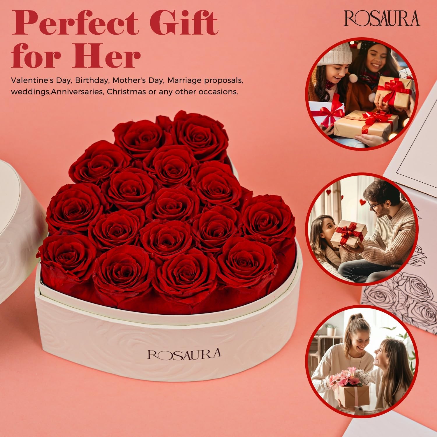 Heart Shaped Preserved Roses Gift Box Real Forever Flowers Red Decor 16 PCS