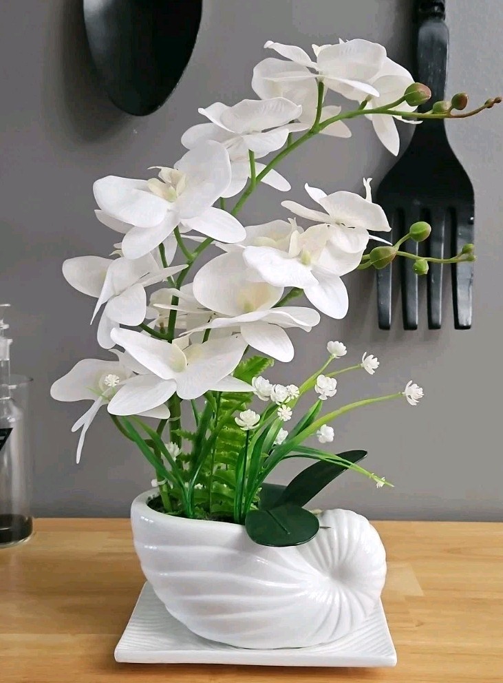 Artificial White Orchid Floral Arrangement in White Ceramic Pot Artificial Soil