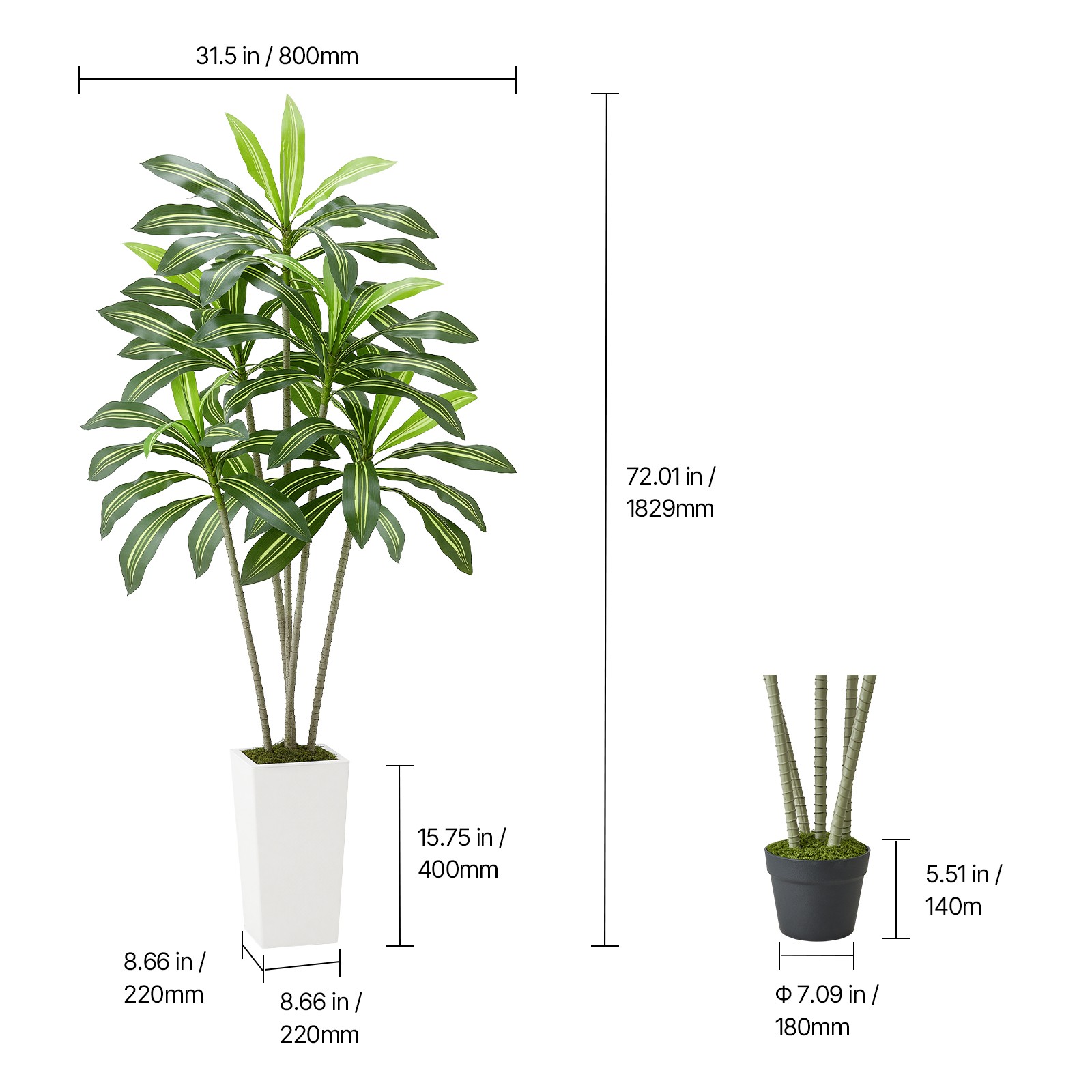 Uimoso 6ft Faux Dracaena Tree with White Pot for Indoor Spaces