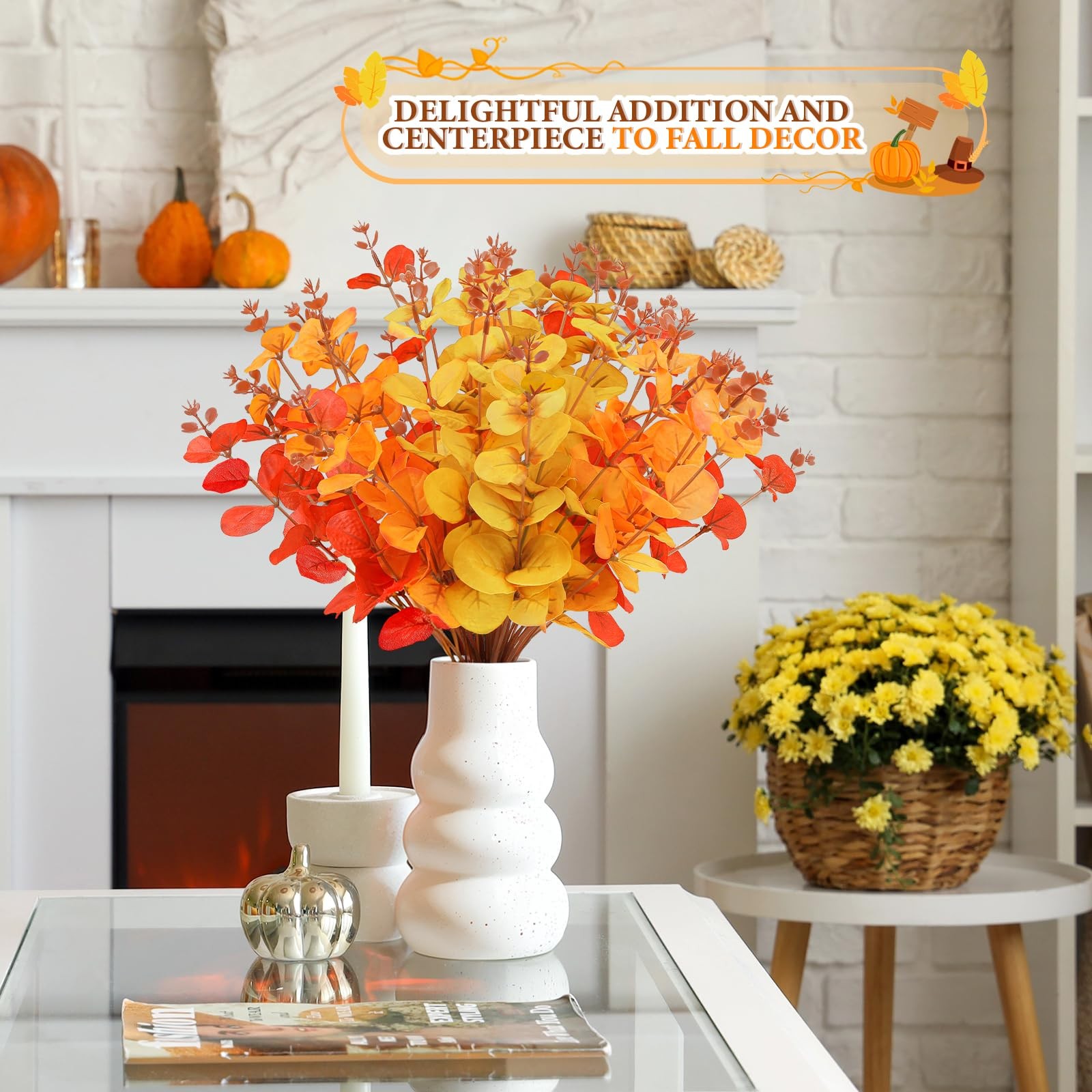 Artificial Eucalyptus Stems, 12.7 Inch Realistic Fall Foliage Faux Stems Bran…