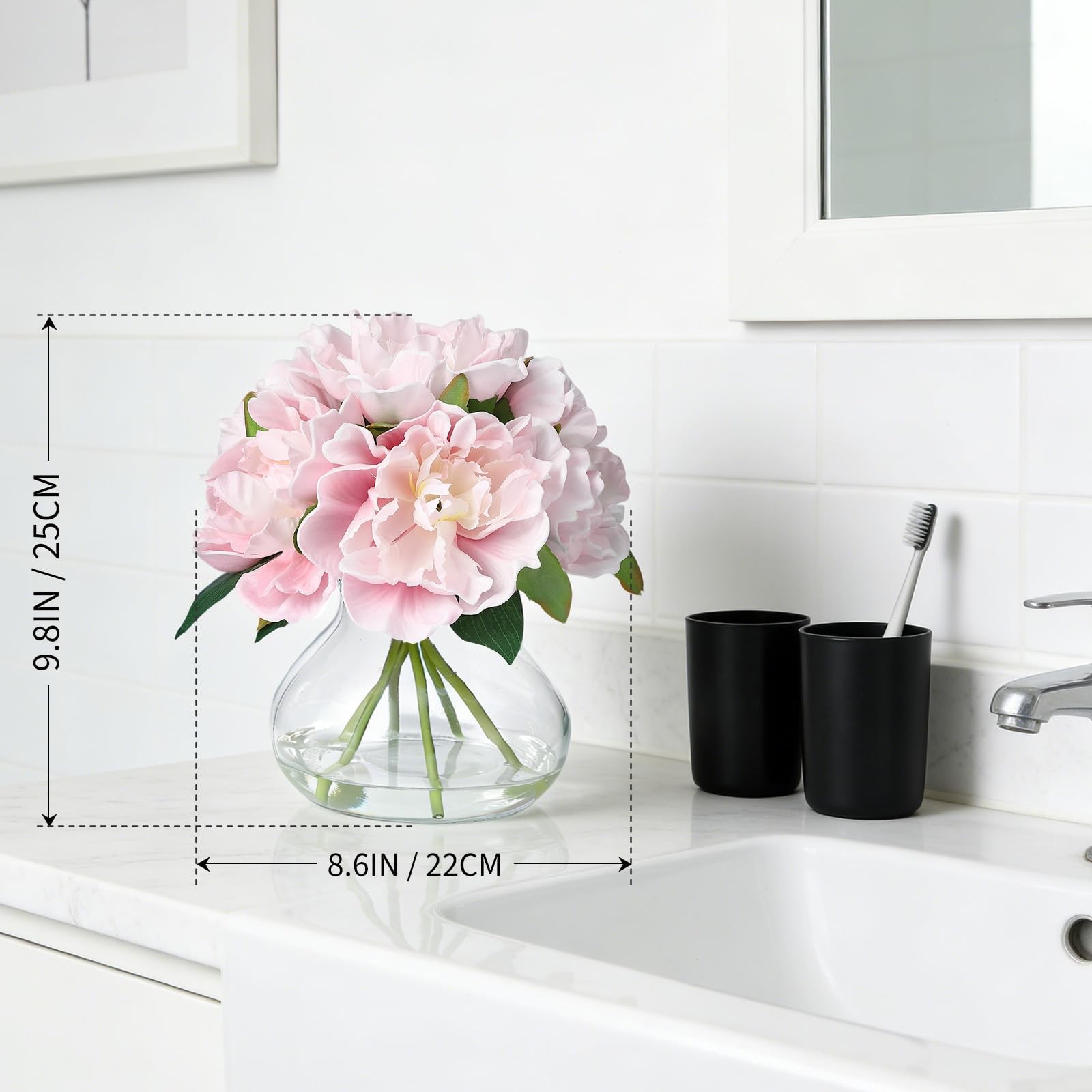 Pink Peonies Artificial Flowers with Glass Vase, Silk Faux Peony Flower Arran…