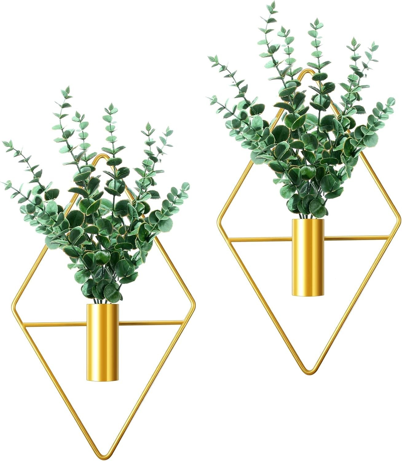 2 Pieces Gold Wall Decor Hanging Planters with Artificial Plants Metal Vase I…