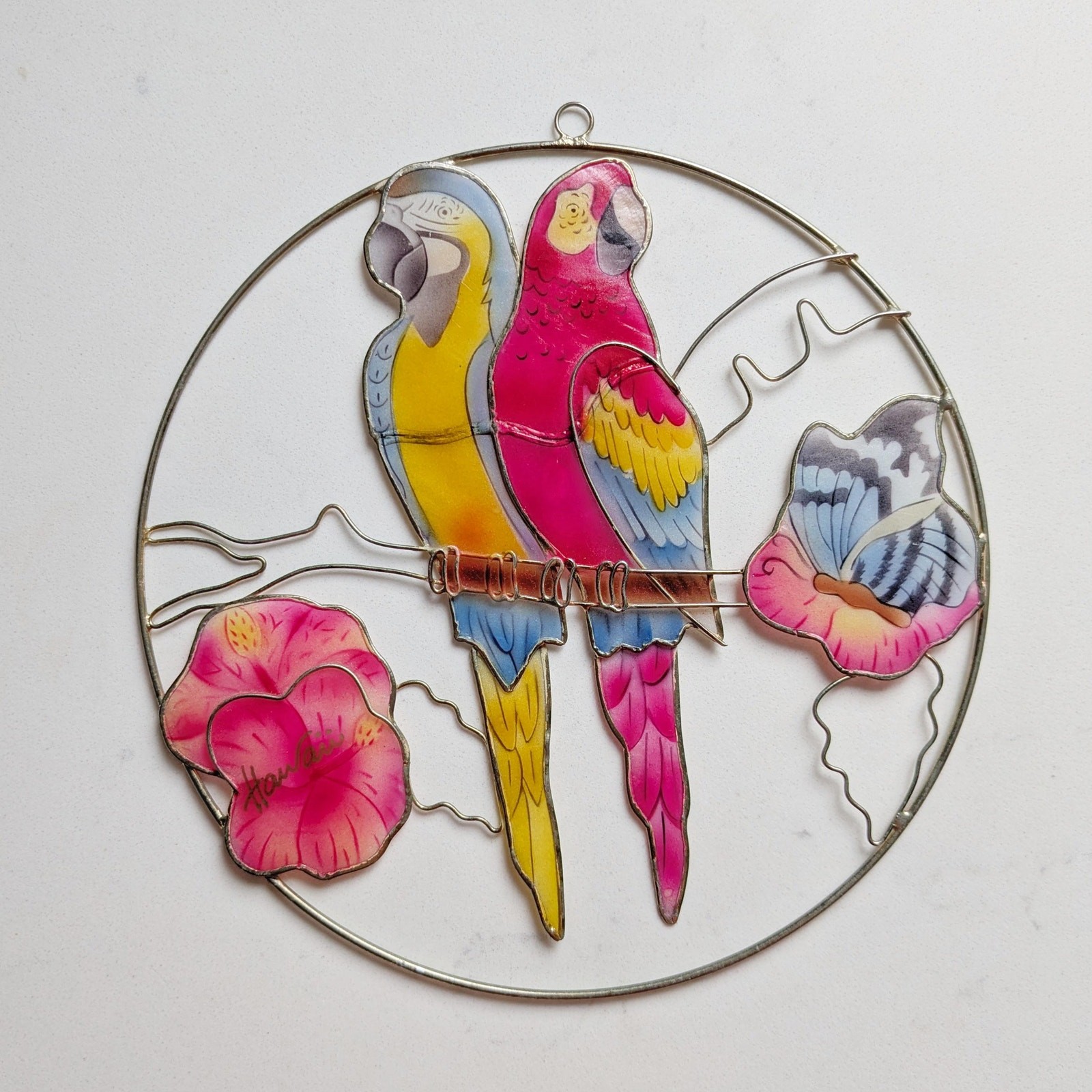 Vintage 1980s Hand-Painted Tropical Parrot Sun Catcher – Stained Glass-Style