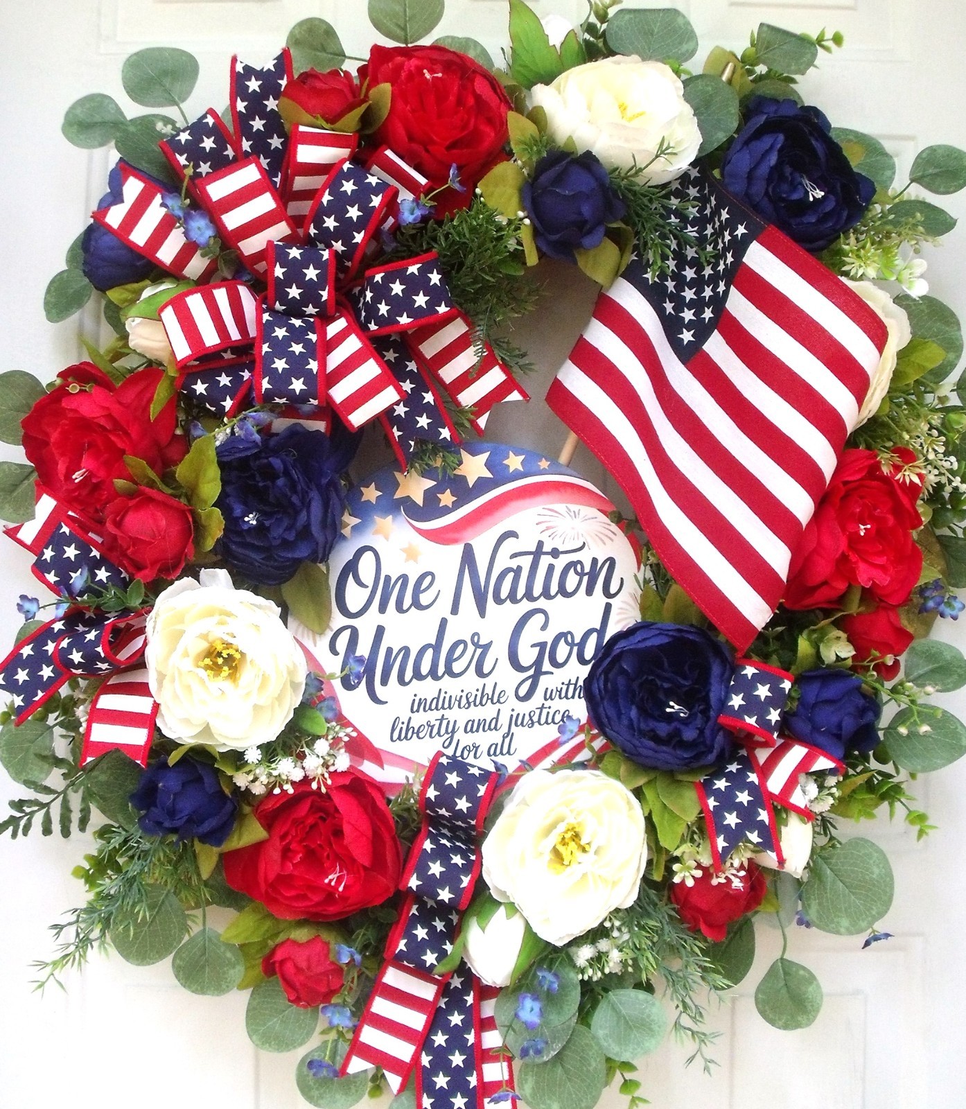 Patriotic Peony/Flag Wreath, Red/White/Blue, One Nation Under God