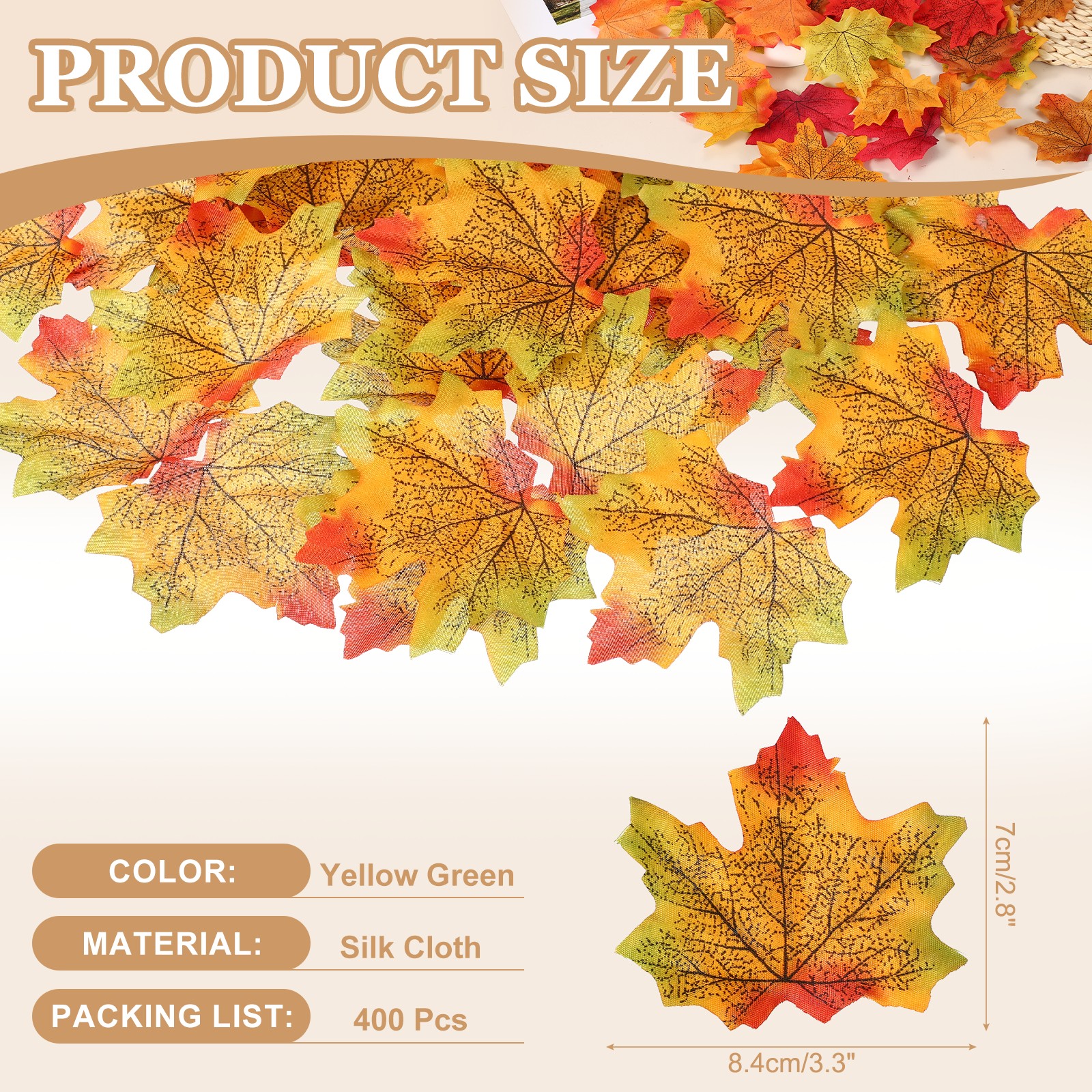 400Pcs Fall Leaves 3.3 Inch Colored Mixed Fake Leaf, Yellow Green