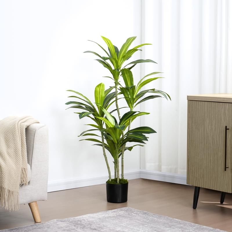4’ (120 cm) Dracaena Artificial Tree with Small Black Pot & Moss – Lifelike N…