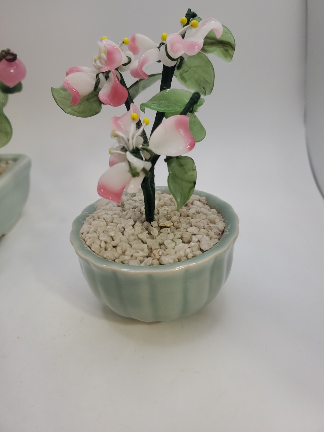 Vintage Glass & Jade Pink Flower Arrangement ~ Set Of 2