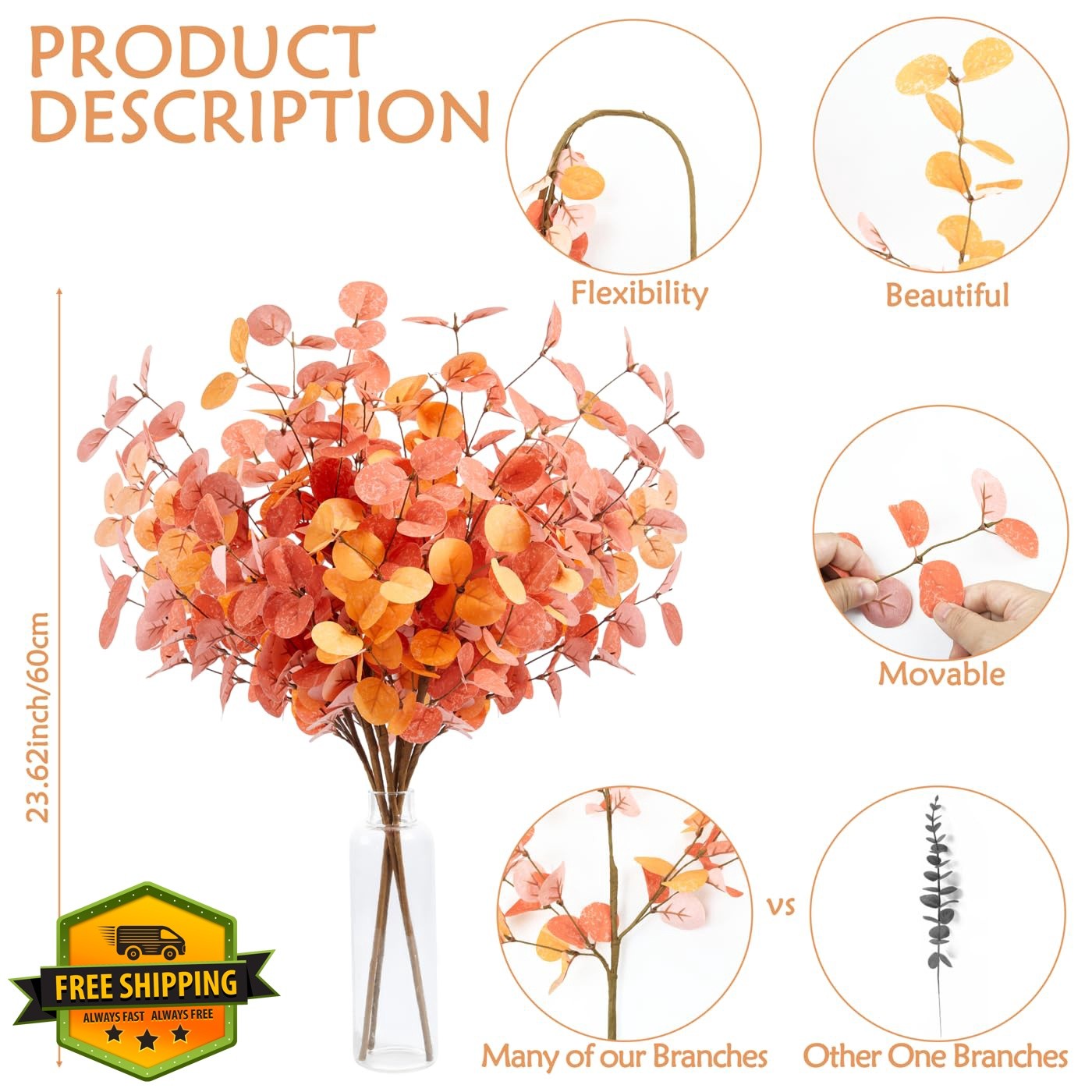 NUKAYAI 6 Pcs Fall Ecualyptus Leave Red Artifical Plants Decor 24″ Autumn Fak…