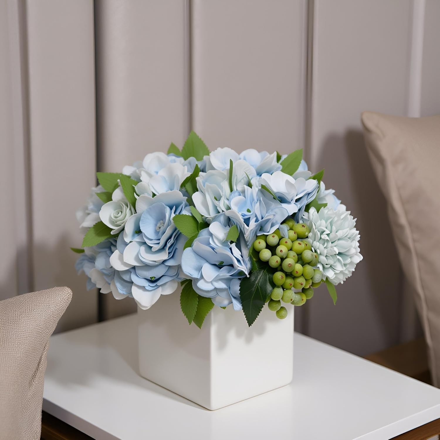 Low-Maintenance Blue Hydrangea Arrangement in Ceramic Pot – Perfect Indoor Decor
