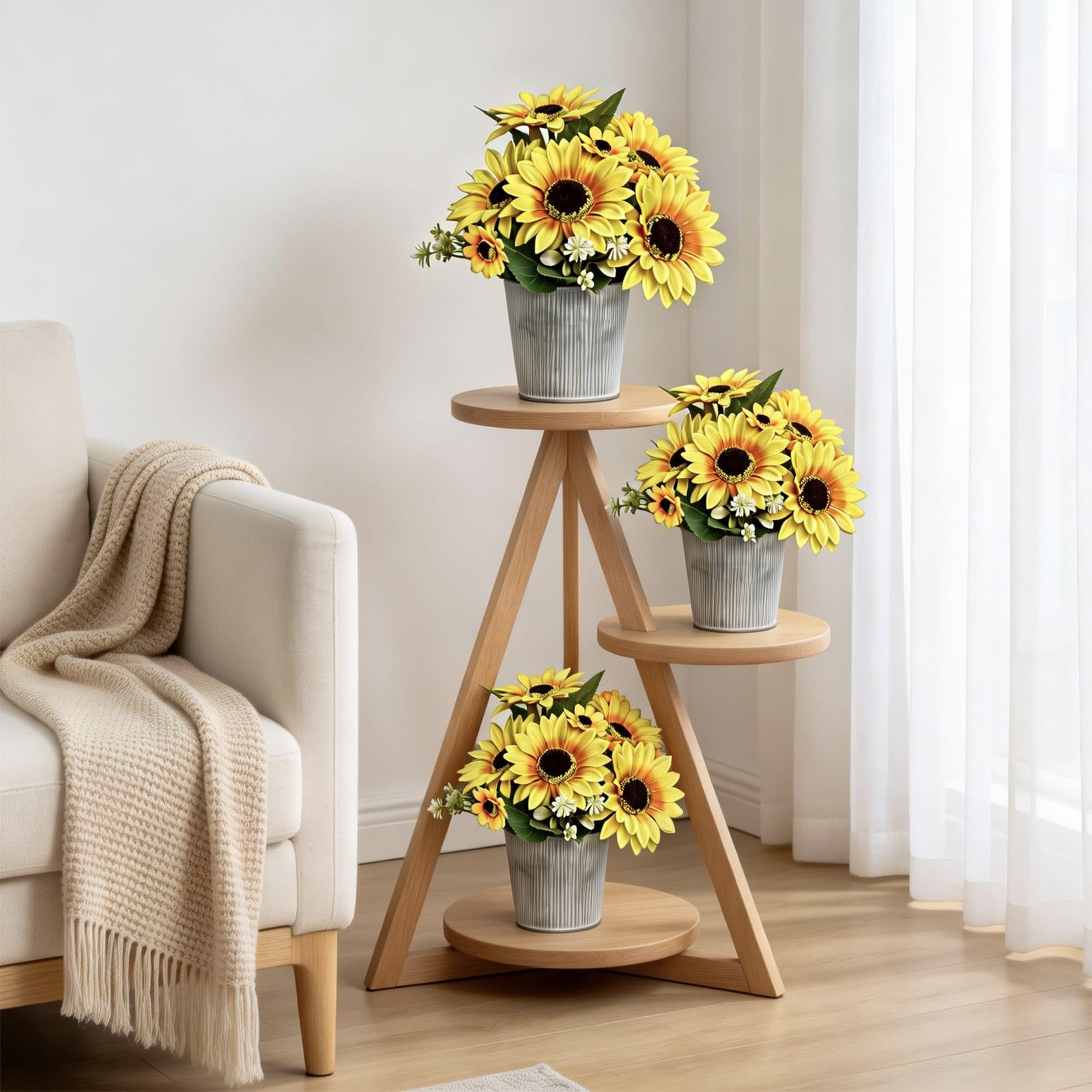Artificial Sunflower Bouquets 2 Pack 12 Inch Faux Flowers 5 Large Heads Green Le