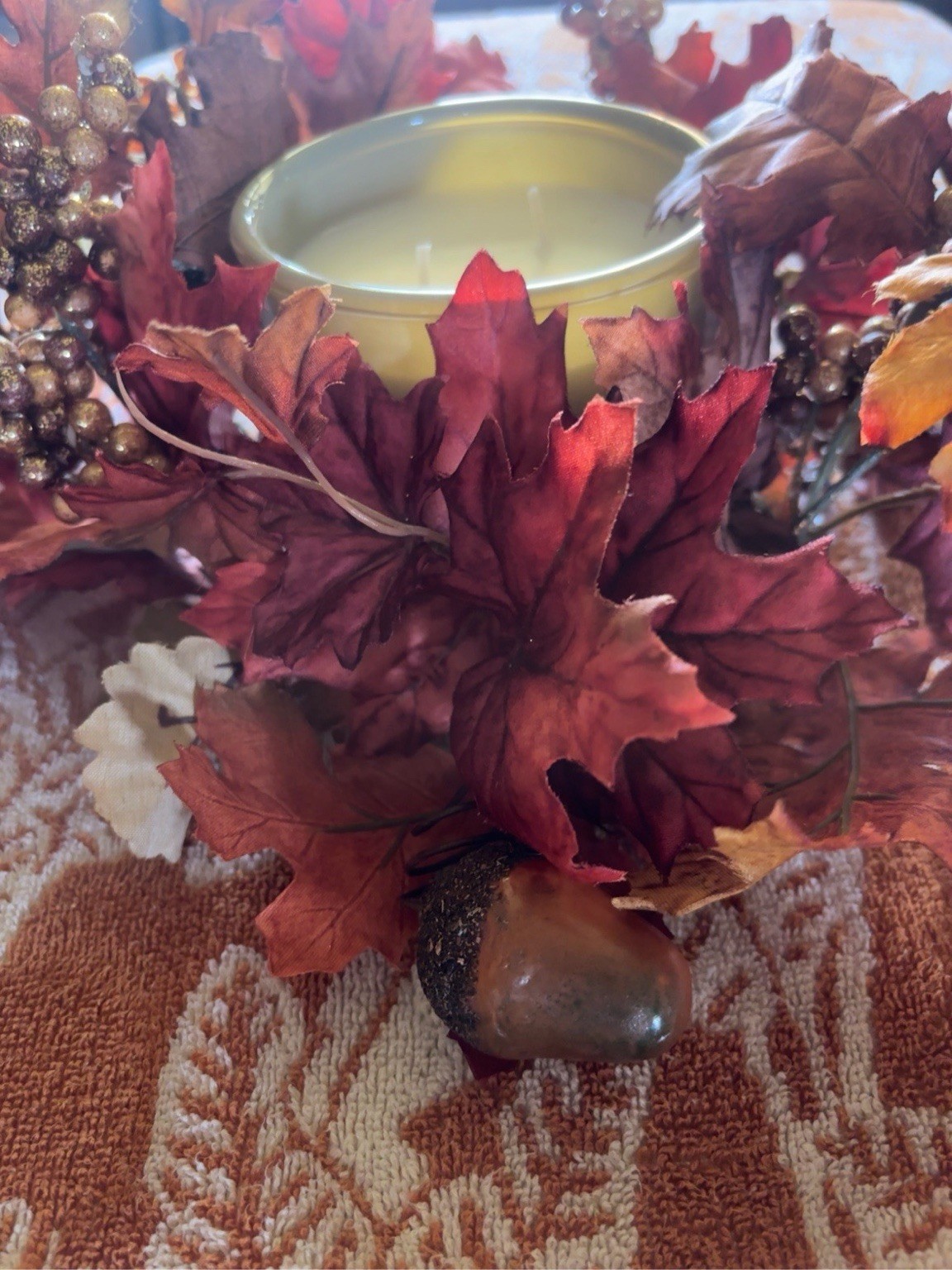 Fall Maple Oak Leaf Candle Ring Acorn Berry Wreath Harvest Centerpiece 6.5”