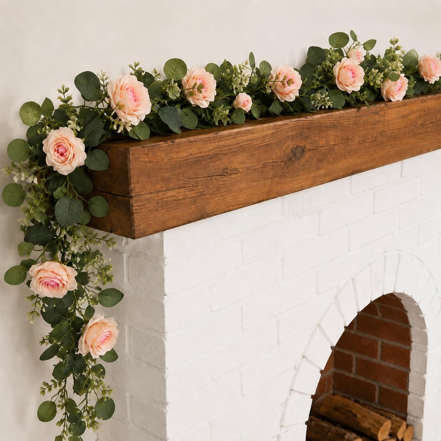 2 Pack 12FT Faux Roses Eucalyptus Garland with Silk Flowers for Table Fireplace