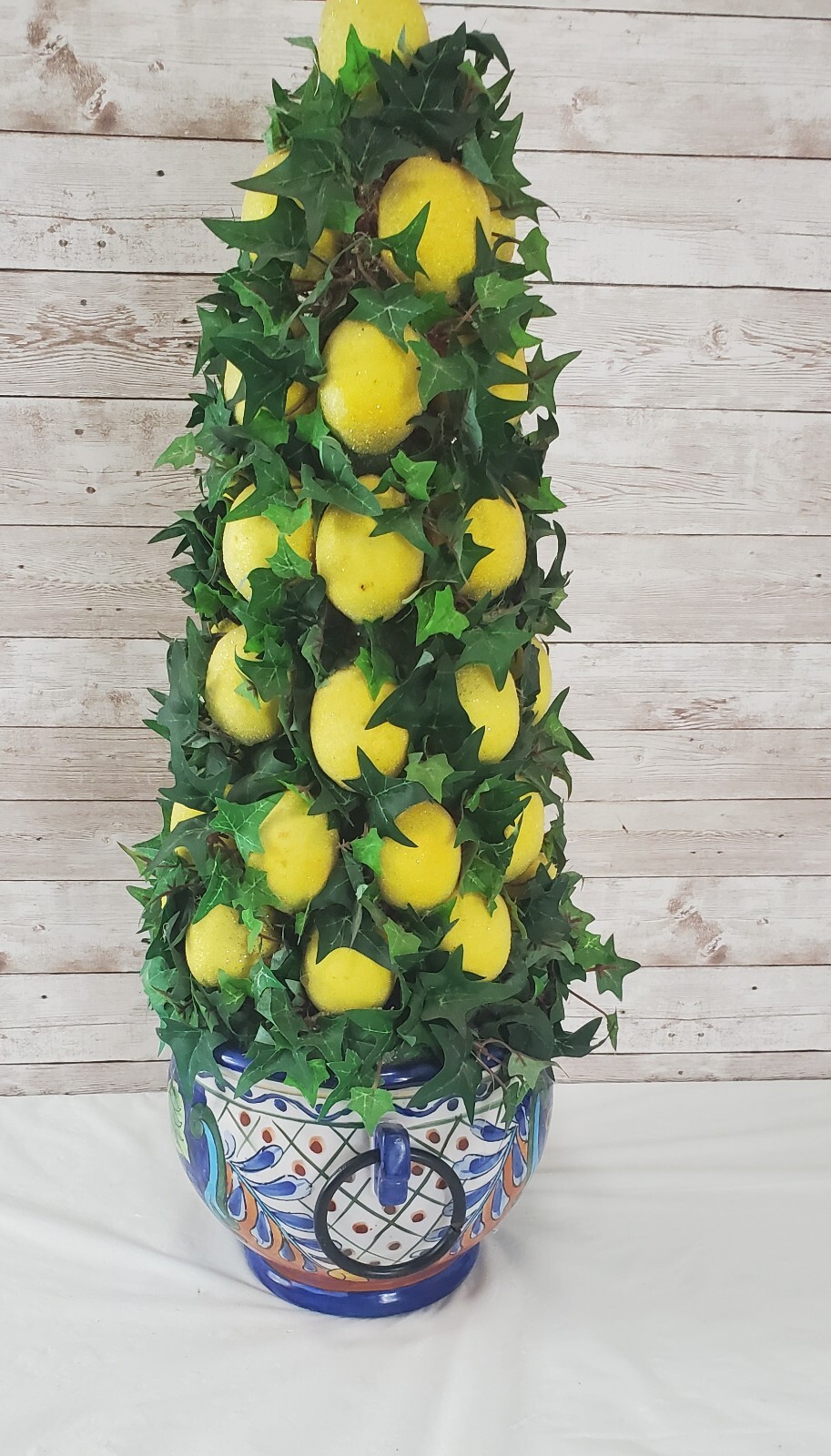 Faux Lemon 23″ Topiary Tree Centerpiece in Beautiful Cobalt Blue & Rust Planter