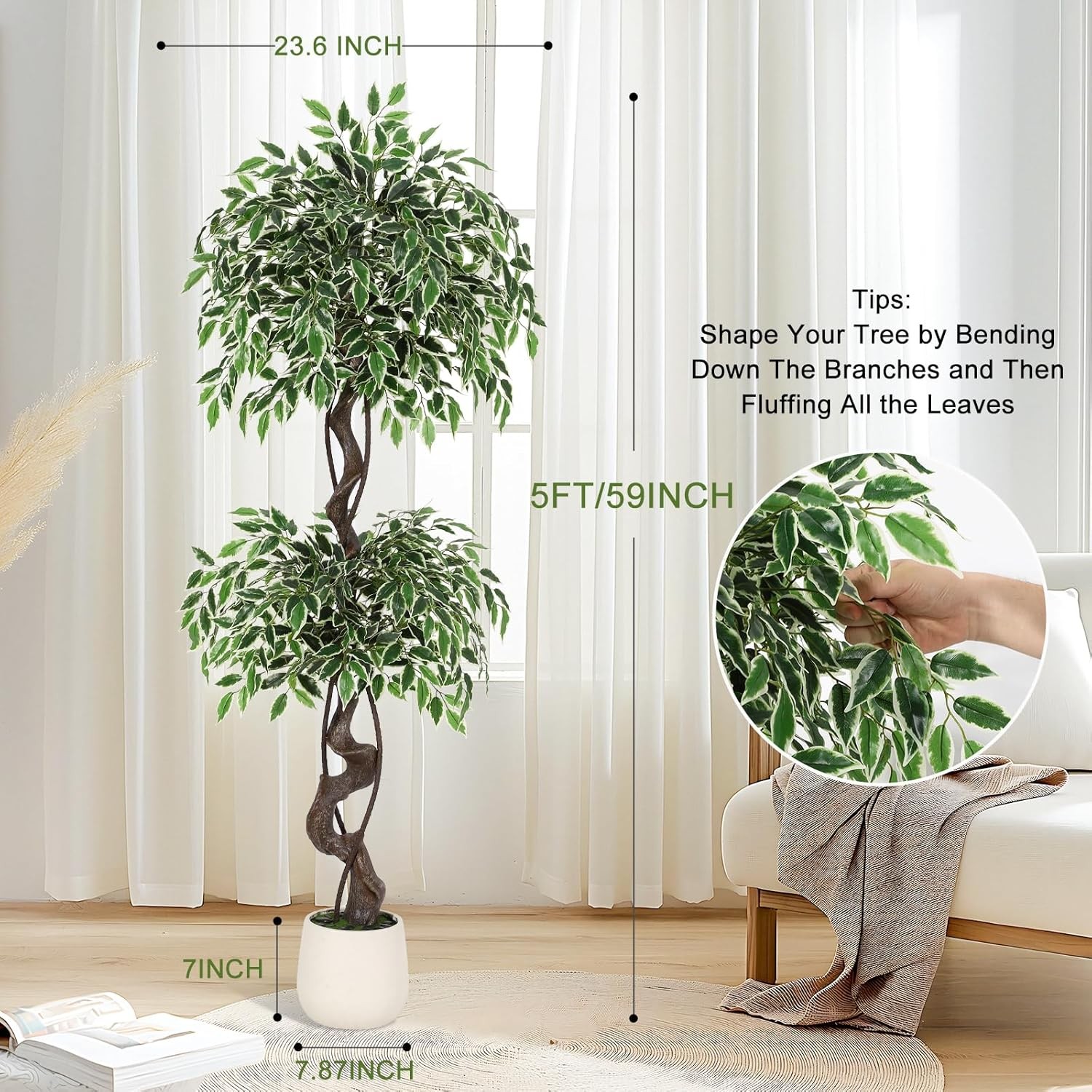 GRAVEE 5ft Artificial Ficus Tree Tall Fake Indoor Plant White Planter Pebbles