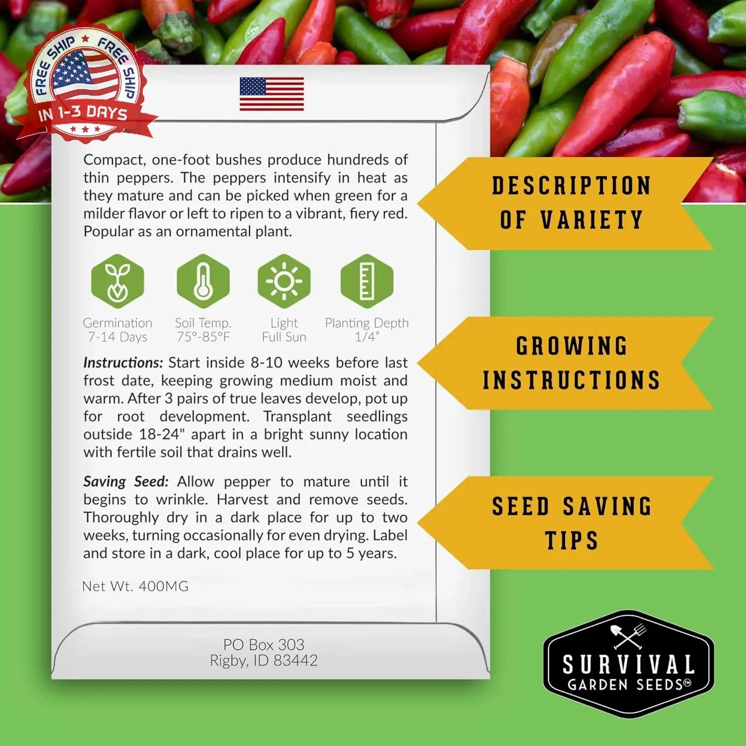 Thai Chili Pepper Seeds for Planting | Bird’s Eye Hot Peppers – Heirloom Non-GMO