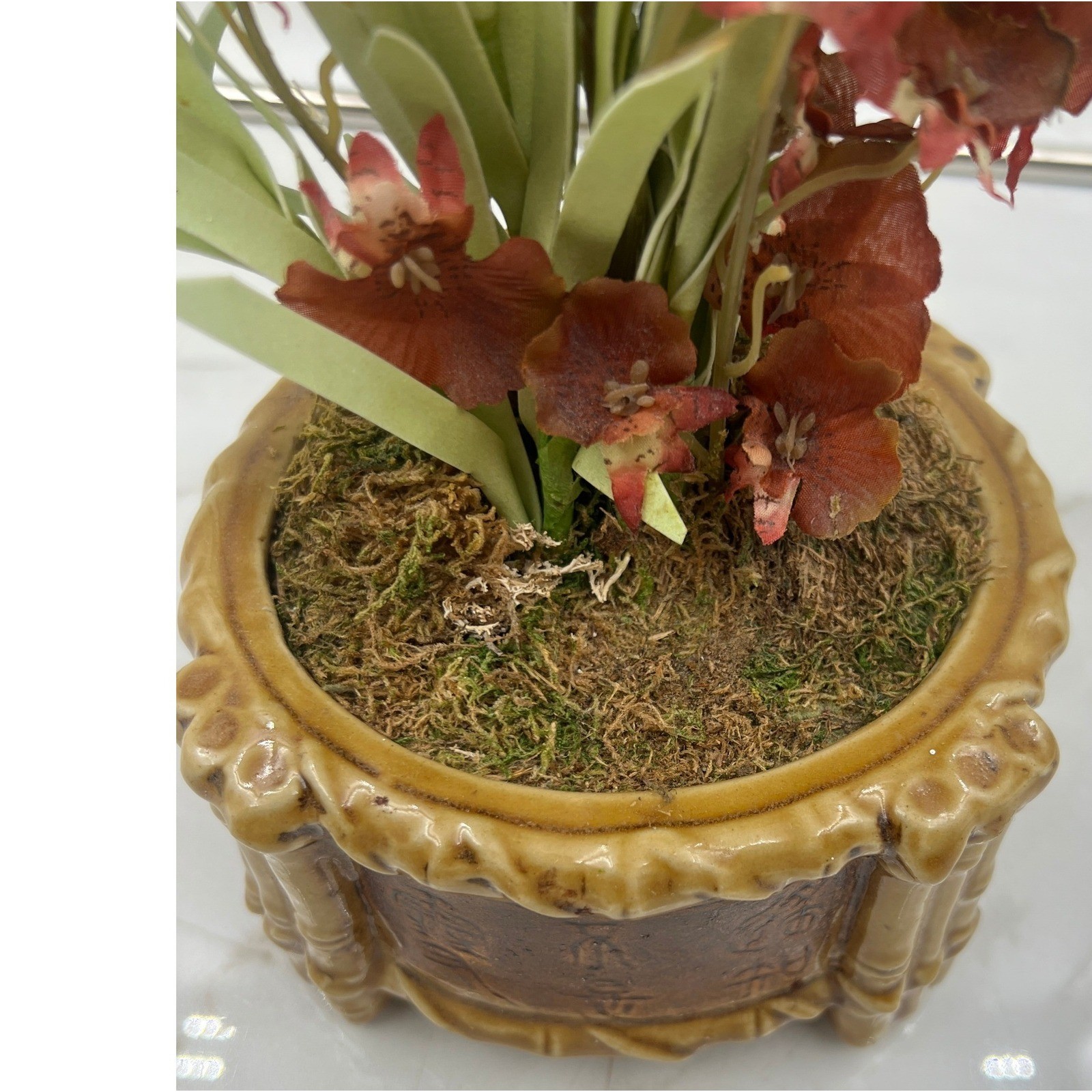 Vintage Faux Orchid Silk Flower Arrangement in Bamboo Style Ceramic Footed Pot