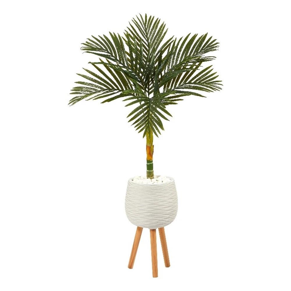 Nearly Natural 4.5ft Golden Cane Artificial Palm Tree in White Planter w/ Stand