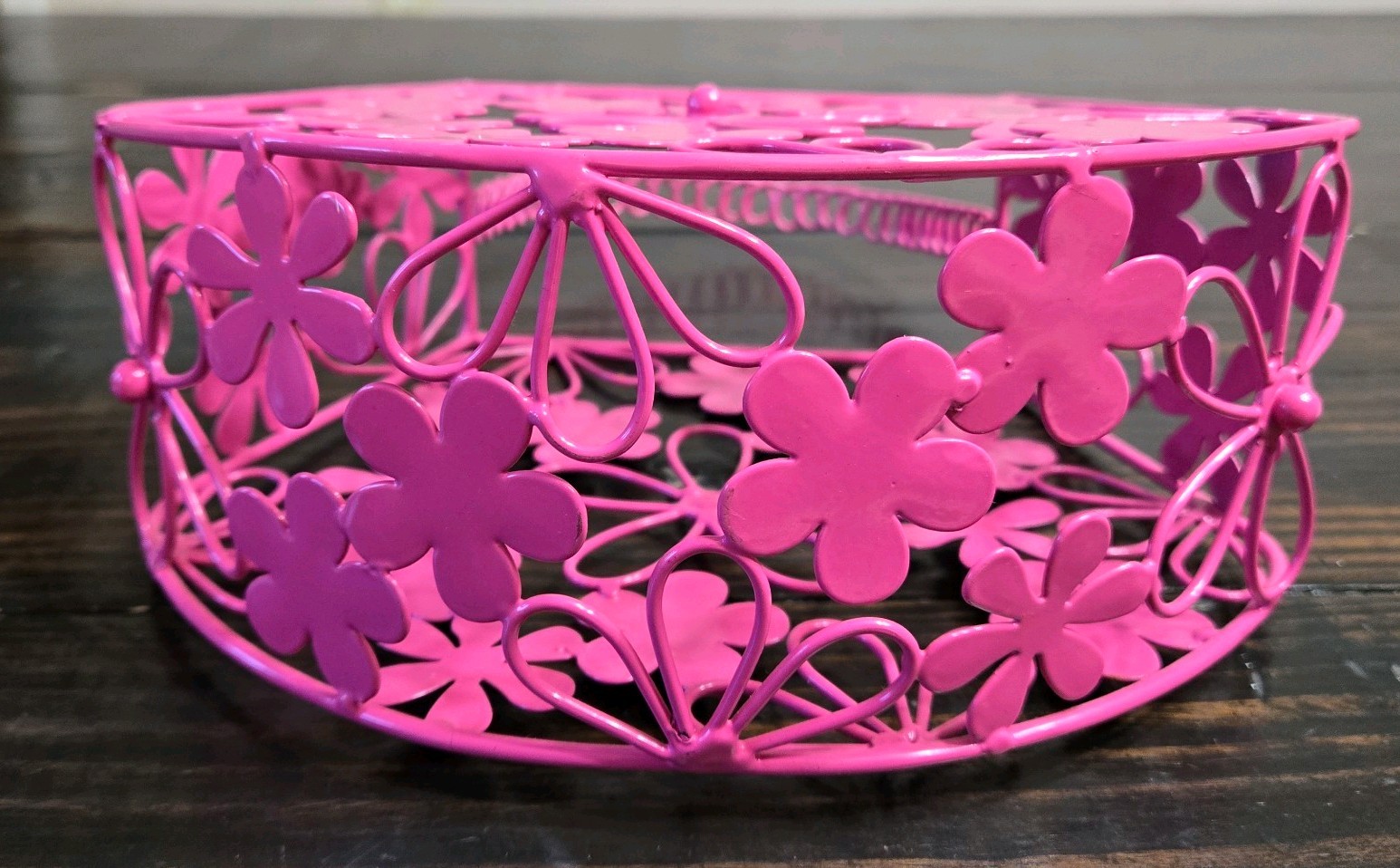 Pink Metal Floral Purse-Basket With Handle-Pink Flowers