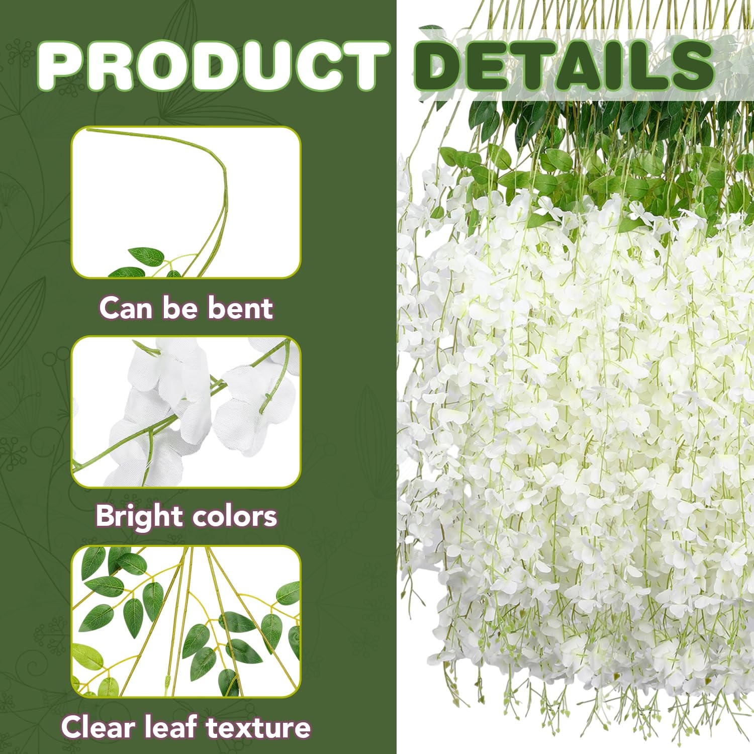 Artificial Wisteria Garland 12 Pack White Silk 3.6Ft Hanging Flower Vines Outdoo