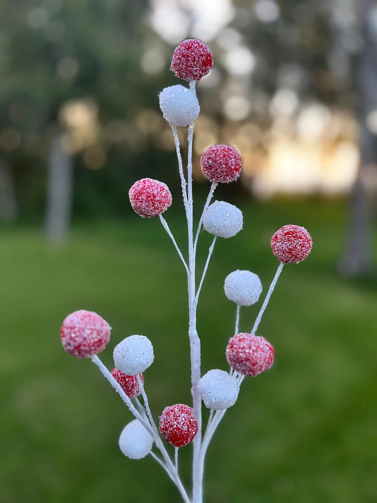 21″ White Red Glitter Christmas Berry Spray Stem Peppermint Holiday Floral Decor