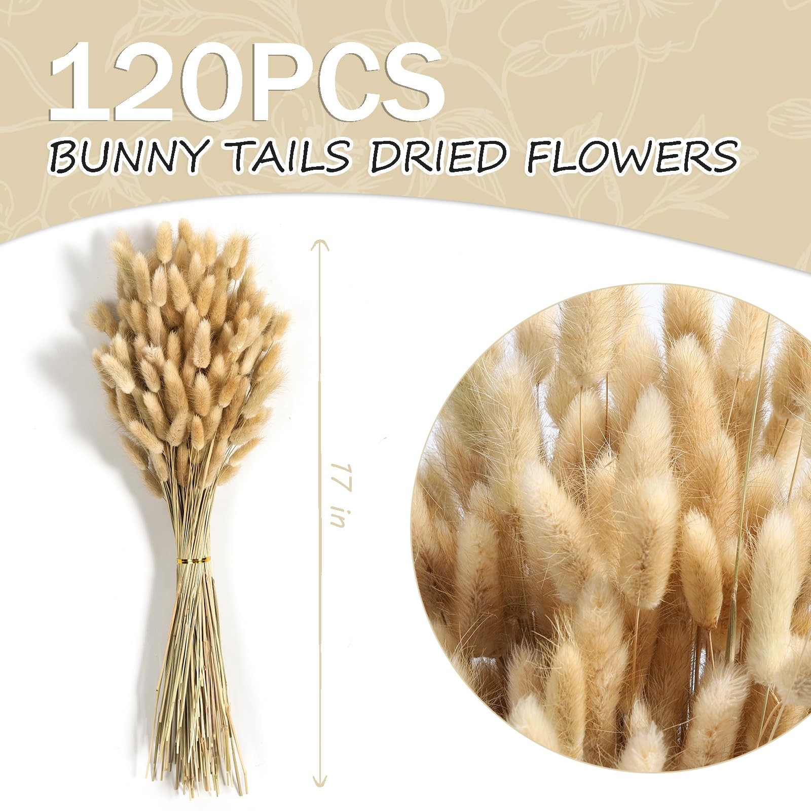 120PCS Bunny Tails Dried Flowers,17″ Brown Pampas Grass Natural Rabbit Tail G…